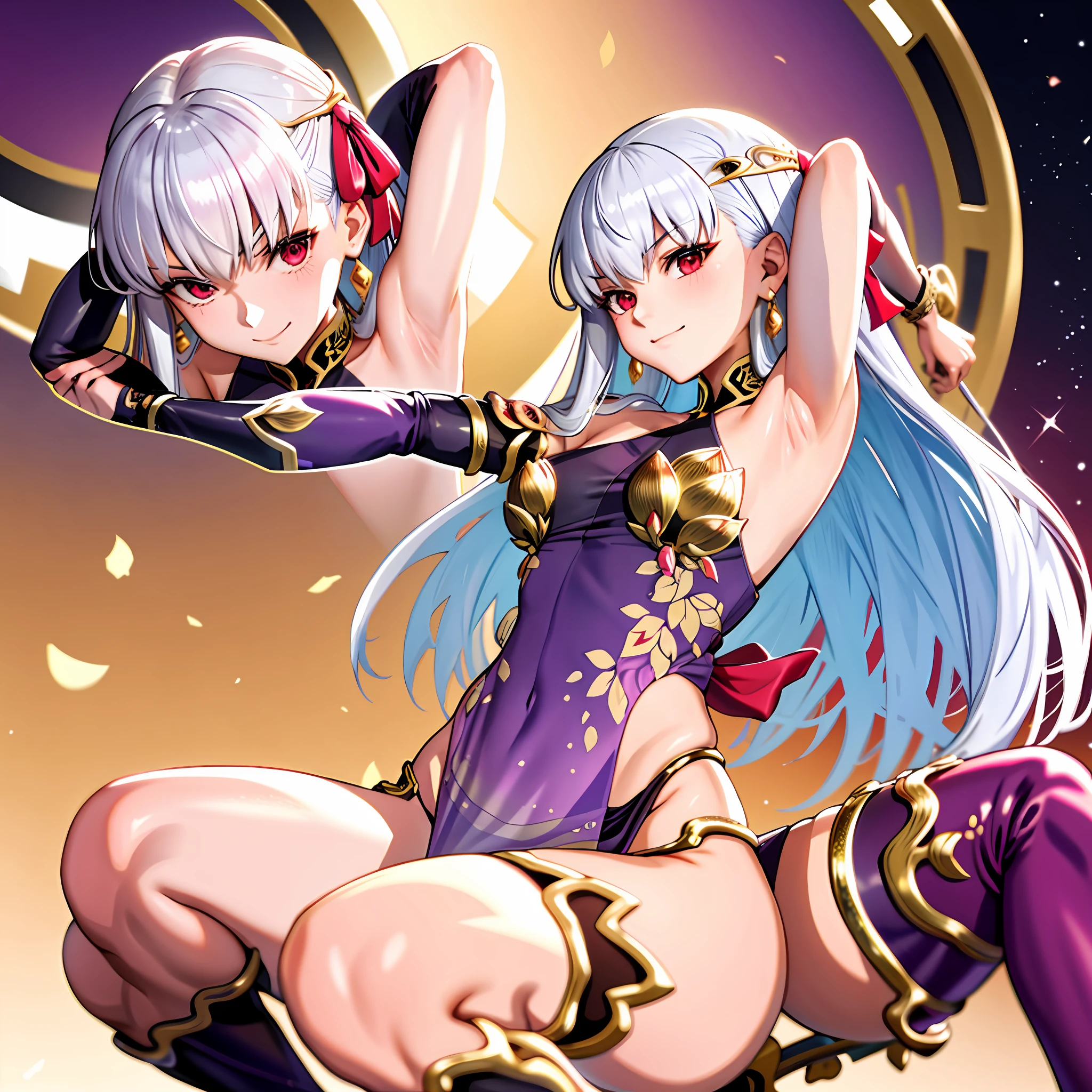 kama \(fate\), kamaadult, kamacostume, long hair, masterpiece, best quality, 1girl, squatting, smirk, armpits, arms behind head