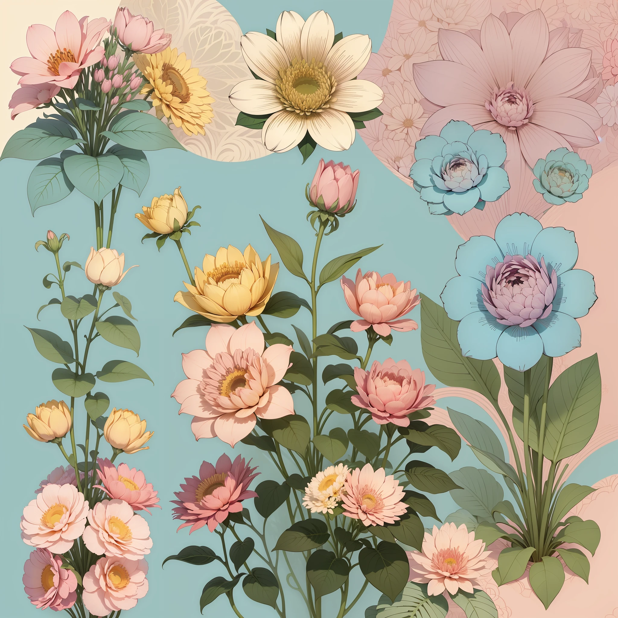 Set pattern of large flowers with plants, defined shape, flat style, vector style, drawing style, naïve style, wallpaper style, in soft pastel colors such as old pink, pastel blue, light blue, beige, pastel yellow. No shadows in the images.