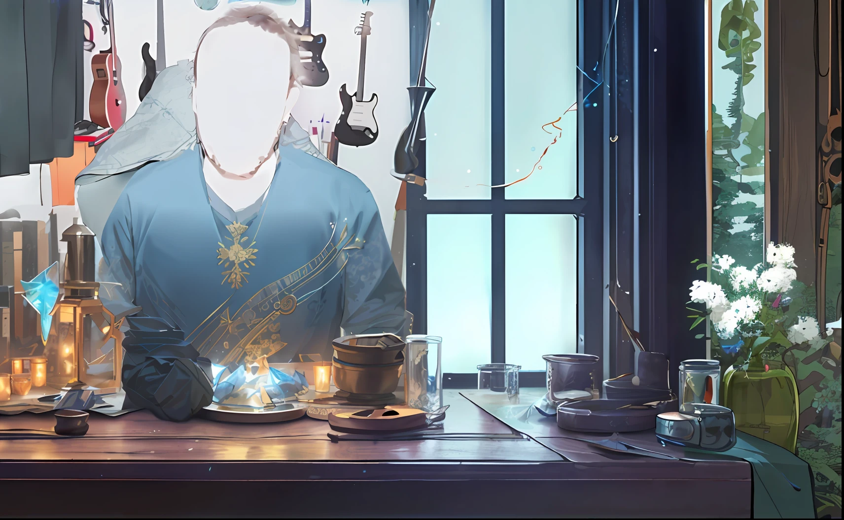 there is a man sitting at a table with a plate of food, he is in a alchemist lab, thin young male alchemist, thin male alchemist, necromancer sitting at table, fantasy alchemist laboratory, artwork in the style of guweiz, lawther sit at table playing dnd, artstation mans aesthetic, skinny male fantasy alchemist, alchemist library background