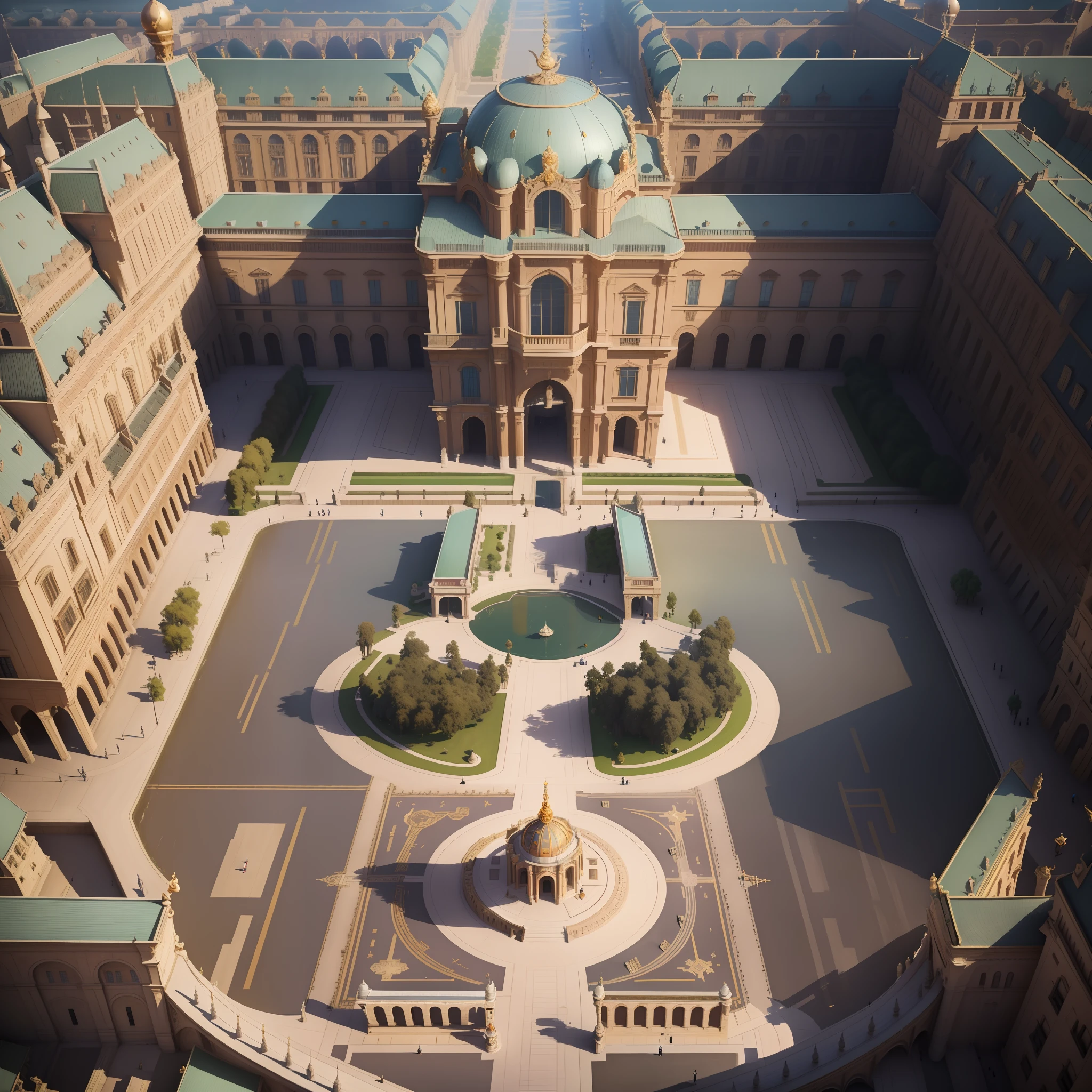 (8k, RAW Photo, Best Quality, Masterpiece: 1.2), (Realistic, Photo Realistic: 1.37), Stereoscopic, Noble, Street, Noble Palace, Promenade, Ground, Plane, Overlook, Front Shot, Aerial View, Game Background Resource, Noble, Luxurious, Royal Palace, Surrounded by Bars, Facing the Palace Gate, Symmetrical