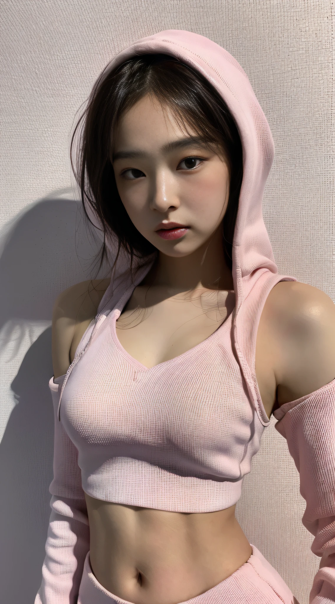 best quality, masterpiece, super high resolution, super model, shoulder bust portrait photo, pink crop top hoodie, pink bandeau, big bust, full body shot, dynamic fashion pose, (realism: 1.8), original photo, 1girl, bare shoulders, in the dark, deep shadow, understated, cold light