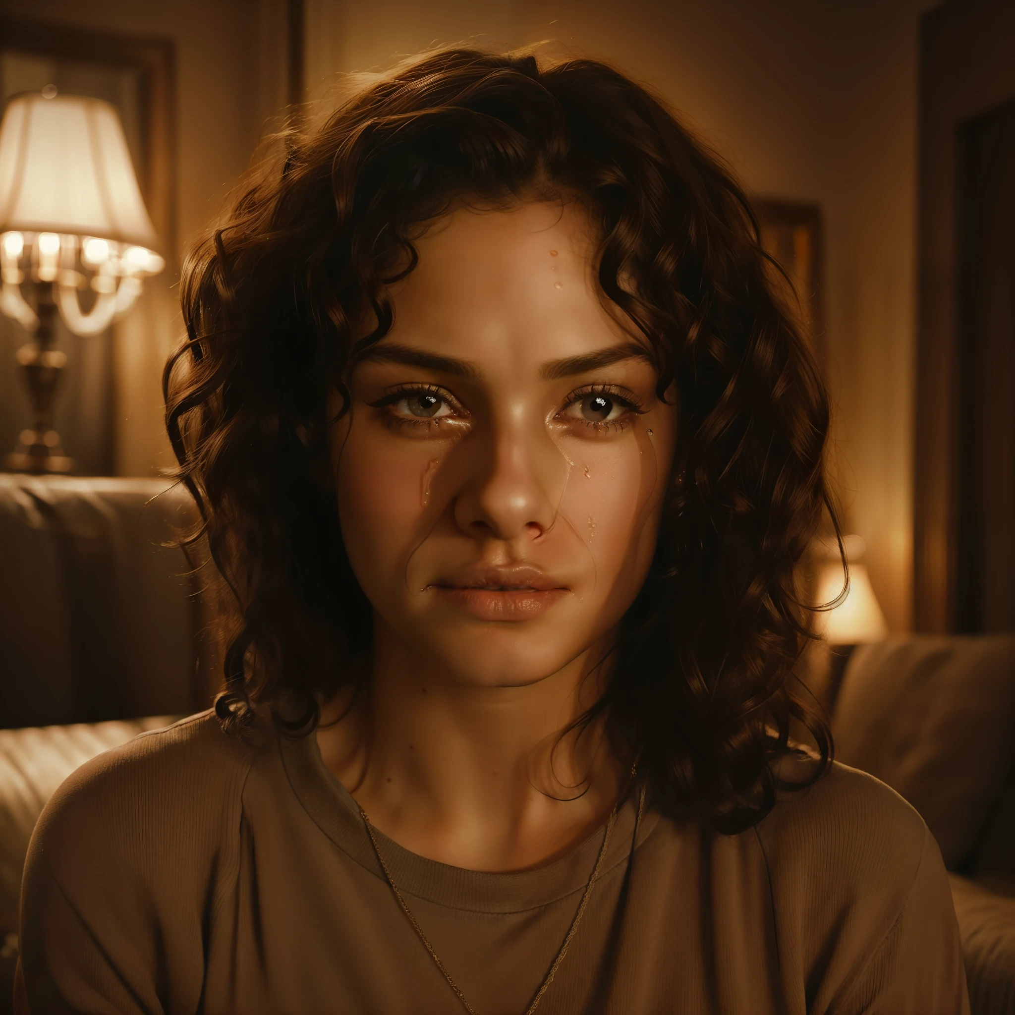 1 woman ((upper body image portrait, crying expression)) eye to the side, curly hair, brown eyes, masterpiece, best quality, ultra-detailed, solo, in the living room, (night), (warm hue, warm tone: 1.2), close-up, cinematic light, side lighting, ultra high resolution, best shadow, RAW, upper body, wearing pullover