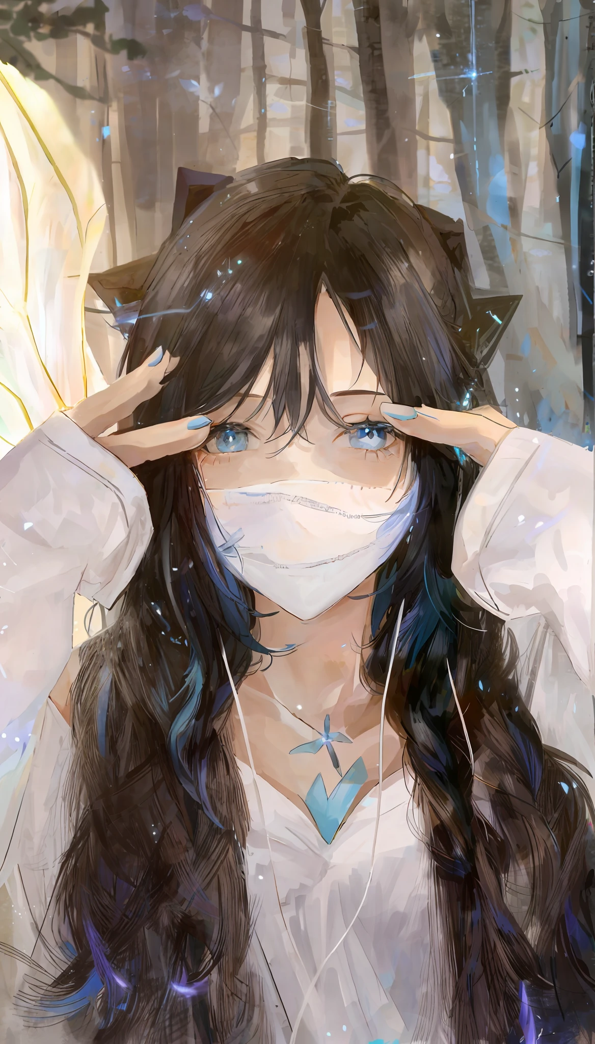 (medium and far shot), (cowboy: 1.3), ((14 years old)), (big breasts), (blue hair), (blue gradient hair), naked, fairy, (transparent fairy wings), blue skin, elf ears, (in the enchanted forest: 1.3), (blue neon tree), (night), (neon fireflies), glowing dust, white particles in the air, break, (teens: 1.3), 1girl, sparkling eyes, hair between eyes, sweet lips,