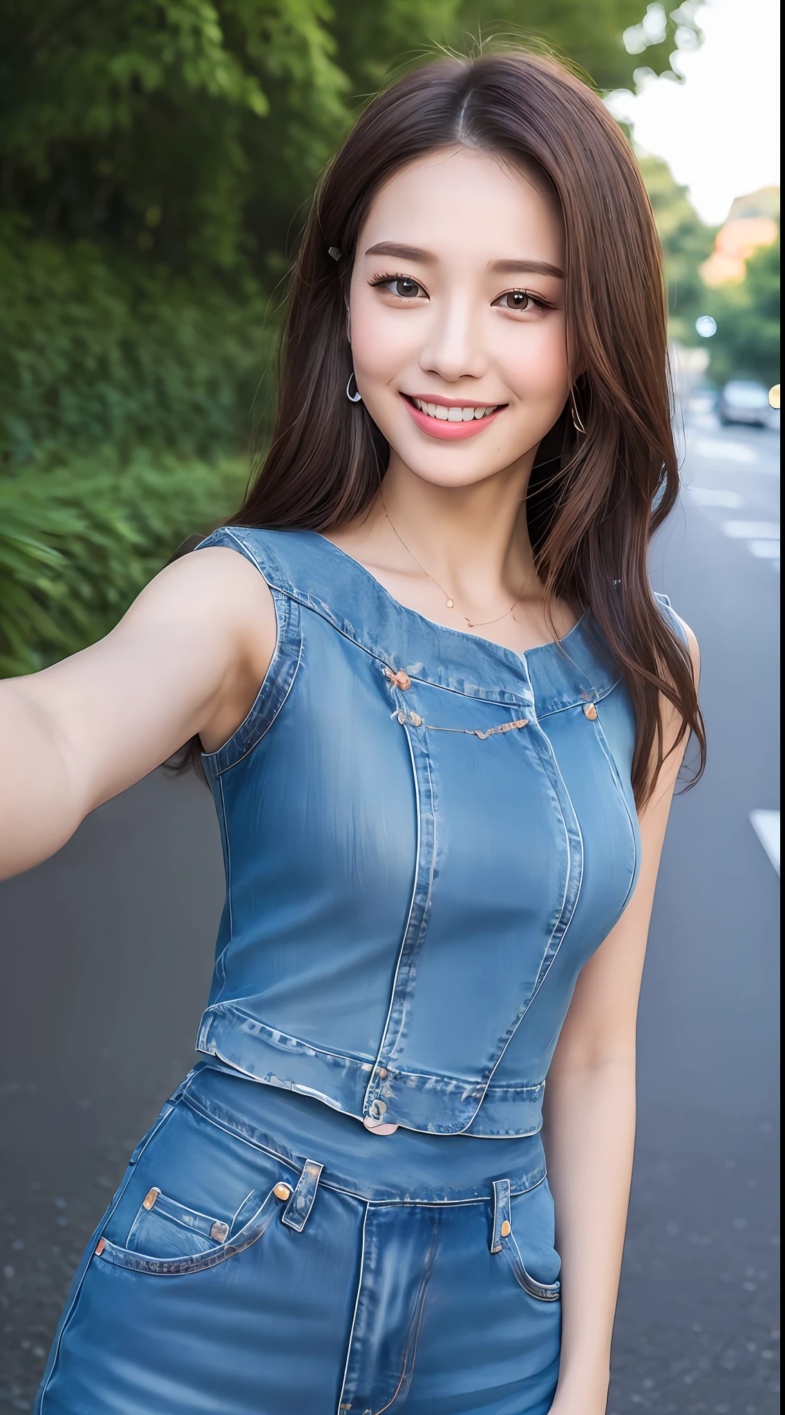 ((Best quality, 8k, Masterpiece :1.3)), 1girl, taking selfie, closeup, smiling, slim face, Pretty woman, (Dark brown hair), full length dress :1.1, Ultra-detailed face, Detailed eyes, Double eyelid,  blur background, slim face, outside, road, trees, top and jeans