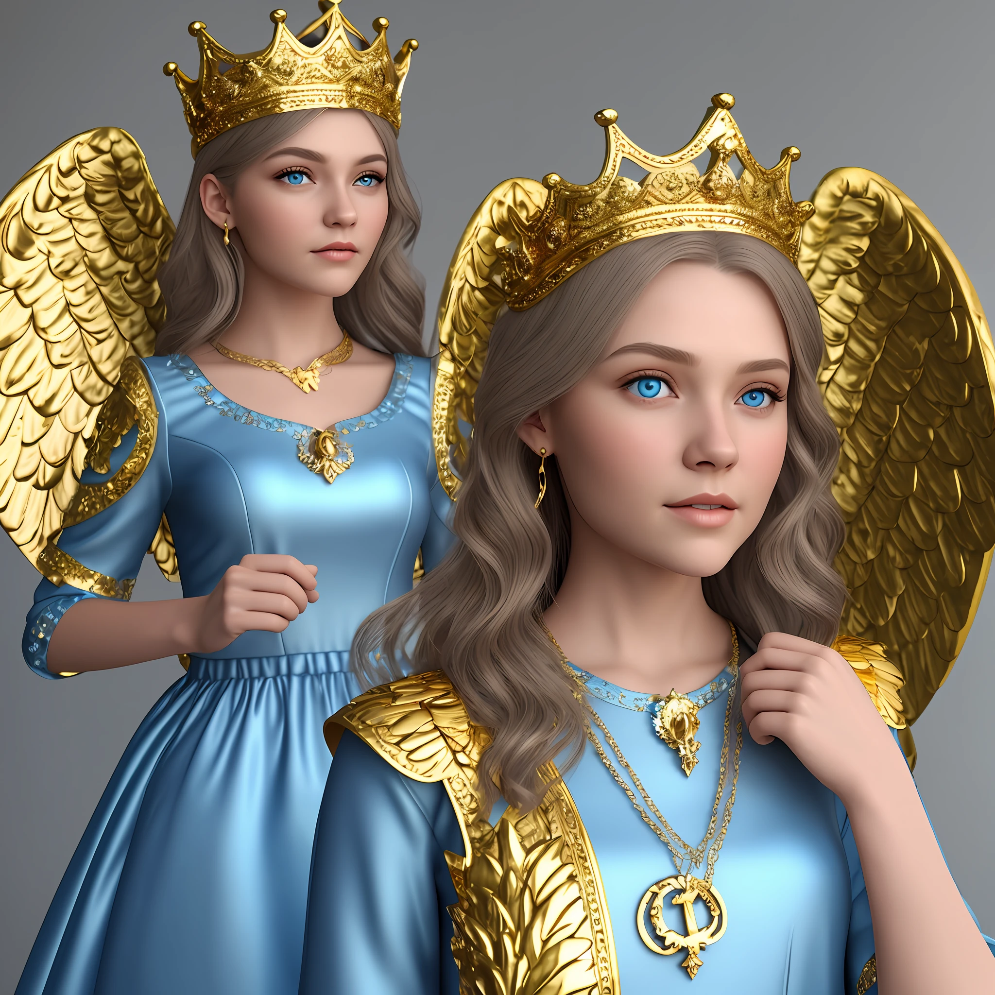 Ultra realistic woman blue eyes angel outfit light skin with gold rings and gold crown