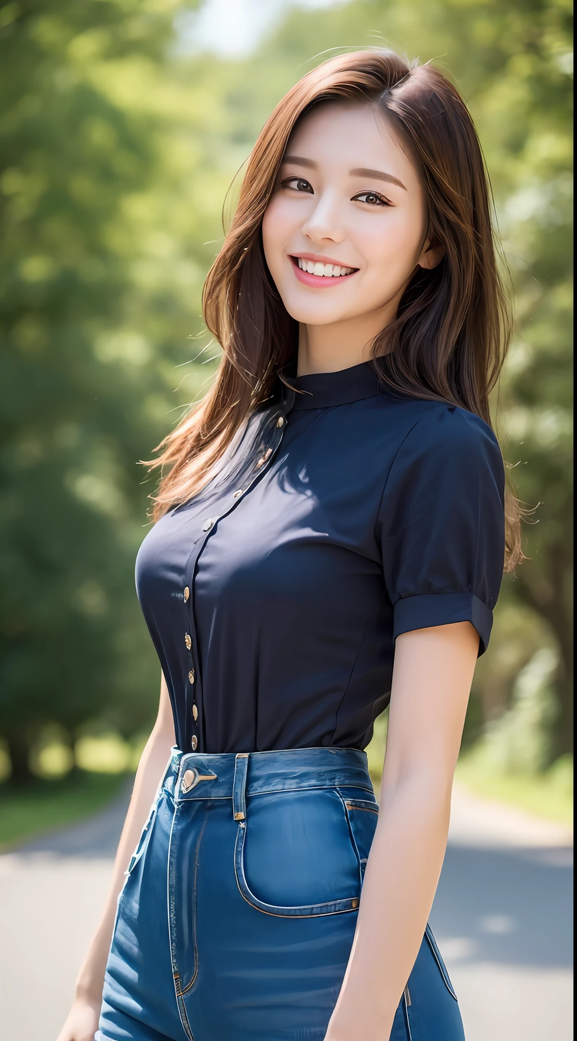 ((Best quality, 8k, Masterpiece :1.3)), 1girl, taking selfie, closeup, smiling, slim face, Pretty woman, (Dark brown hair), full length dress :1.1, Ultra-detailed face, Detailed eyes, Double eyelid, blur background, slim face, outside, road, trees, top and jeans