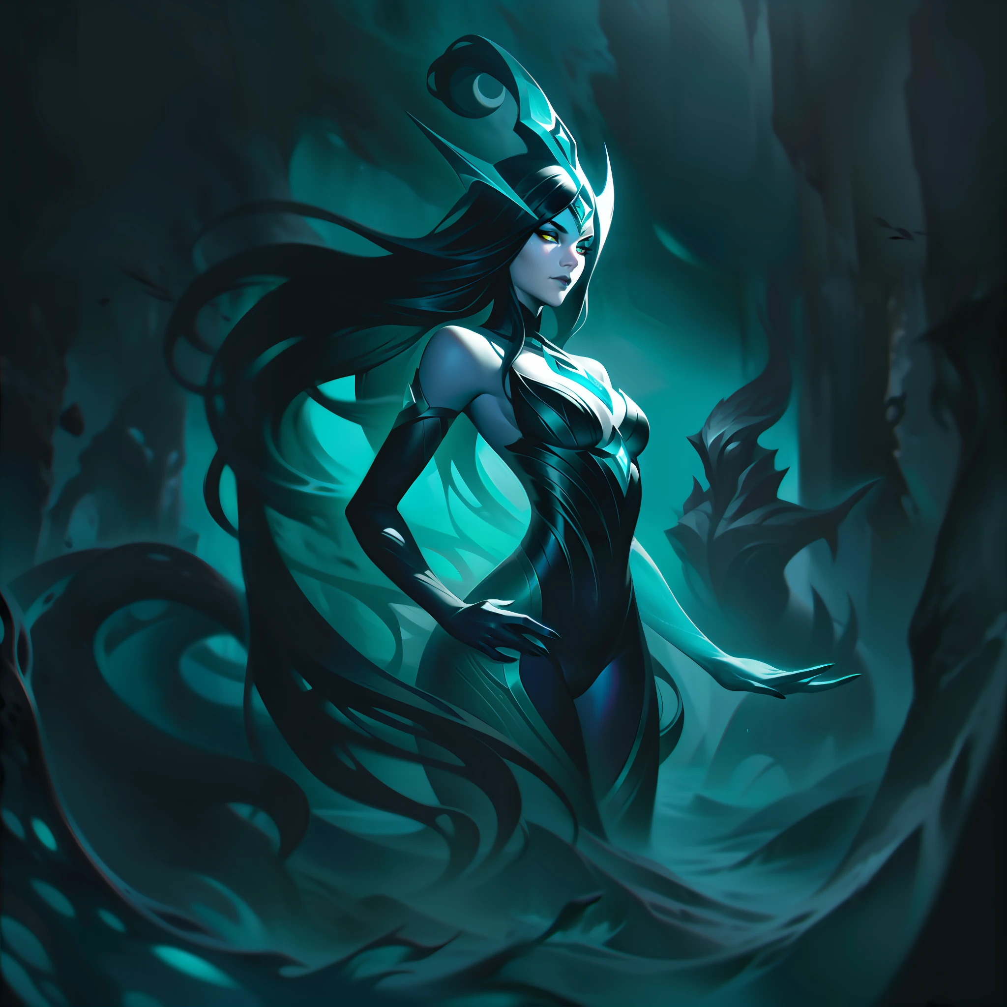 Nysara, the Aquatic Shadow, is depicted in her splashart amidst a mysterious and dark environment, representing her deep connection to the water of chaos. The scene unfolds in an ancient underwater temple, where eroded stone pillars and twisted algae intertwine around it.

Nysara is an elegant and enigmatic figure, with long black hair flowing like water currents around her body. Her skin is pale, almost translucent, and has a subtle glow, reflecting the luminescence of the water of chaos. She is dressed in a flowing costume, composed of dark fabrics that resemble the waves of the sea and unfold into sinuous shapes.
The water of chaos is the main manifestation of her power, and in splashart, she manipulates this mystical substance with grace and dexterity. Nysara is surrounded by black, churning waves that rise around it, looking almost alive. These waves have small glowing particles, denoting the chaotic and magical nature of their manipulation of water.
His eyes are deep and mesmerizing, a dark blue hue that seems to absorb light. They glow with a sinister aura, conveying the dark and mysterious essence of Nysara. His expression is serene, but at the same time carries an air of defiance, revealing his ambiguous and controlling personality.
In the background of the splashart, you can see ancient statues submerged, covered in moss and enigmatic aquatic symbols. Distorted and enigmatic sea creatures emerge from the depths, attracted by the power of the chaos water that Nysara manipulates.
The color palette is dominated by deep shades of blue and black, with the water of chaos radiating a mysterious luminosity. Details in purple and dark green stand out in the algae and sea creatures, adding a dark and sinister atmosphere, splashart, body lines, vibrant colors, exquisite details, cinematic, artstation, detailed face, by rossdraws, by Kienan Lafferty