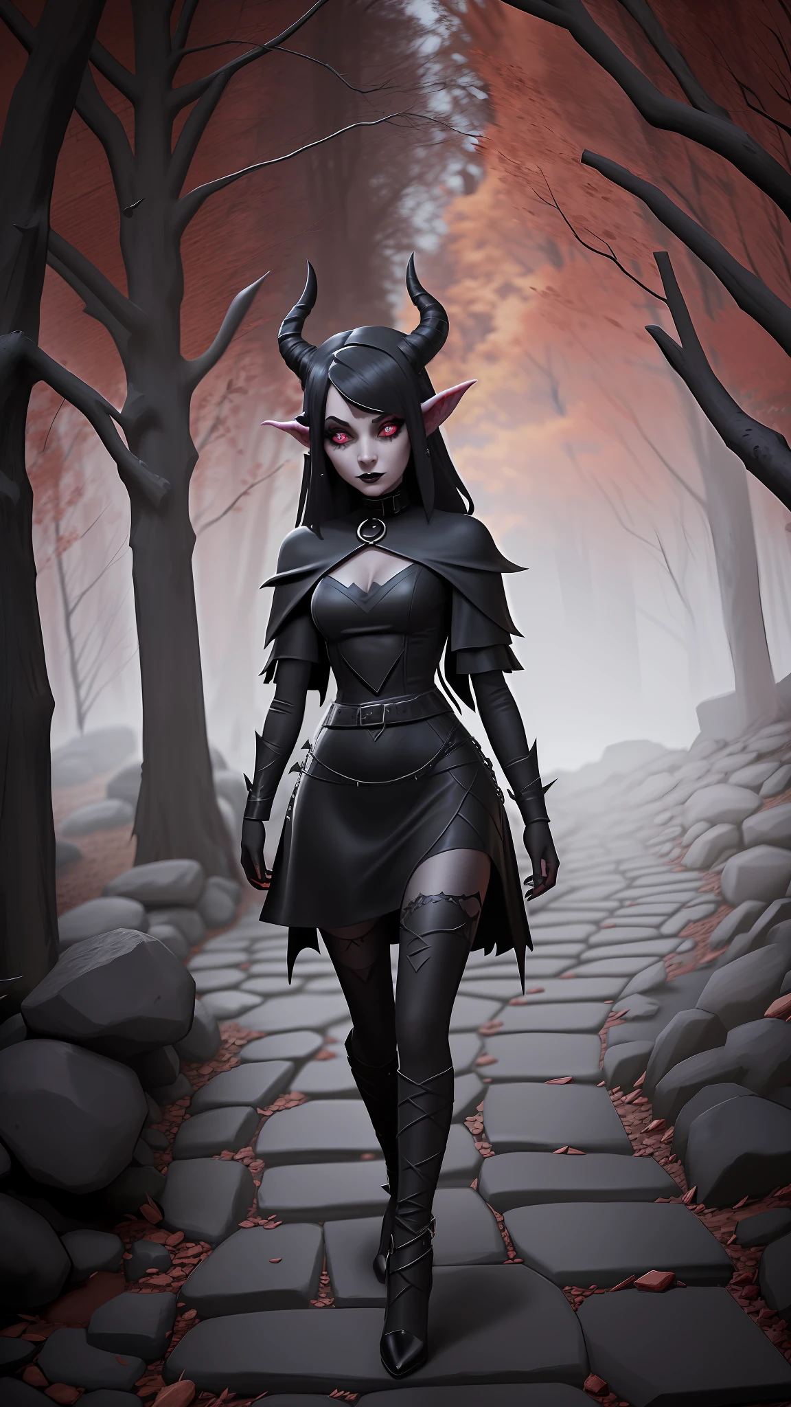 arafed woman in a black dress and devil horns walking down a stone walkway, with horns, tiefling, succubus | medieval, succubus in tight short dress, wearing a gothic dress, with black horns instead of ears, gothic outfit, wearing gothic accessories, wearing modern gothic clothes, witchy clothing, black horns, gothic clothing, dark gothic dress