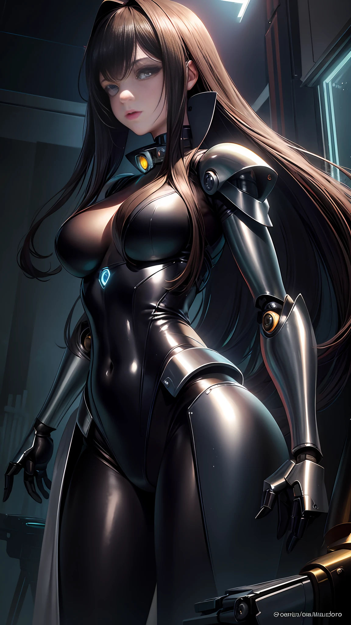 masterpiece, best quality,
1girl, solo, long hair, photorealistic,
(finely detailed beautiful eyes: 1.2),open clothes, glowing eyes, shiny hair, lustrous skin,((1 life-like robot)), metal construction, wires and cables, (glowing eyes), (mechanical arms), science fiction,(large mecha arm),cowboy shot, energy tank,