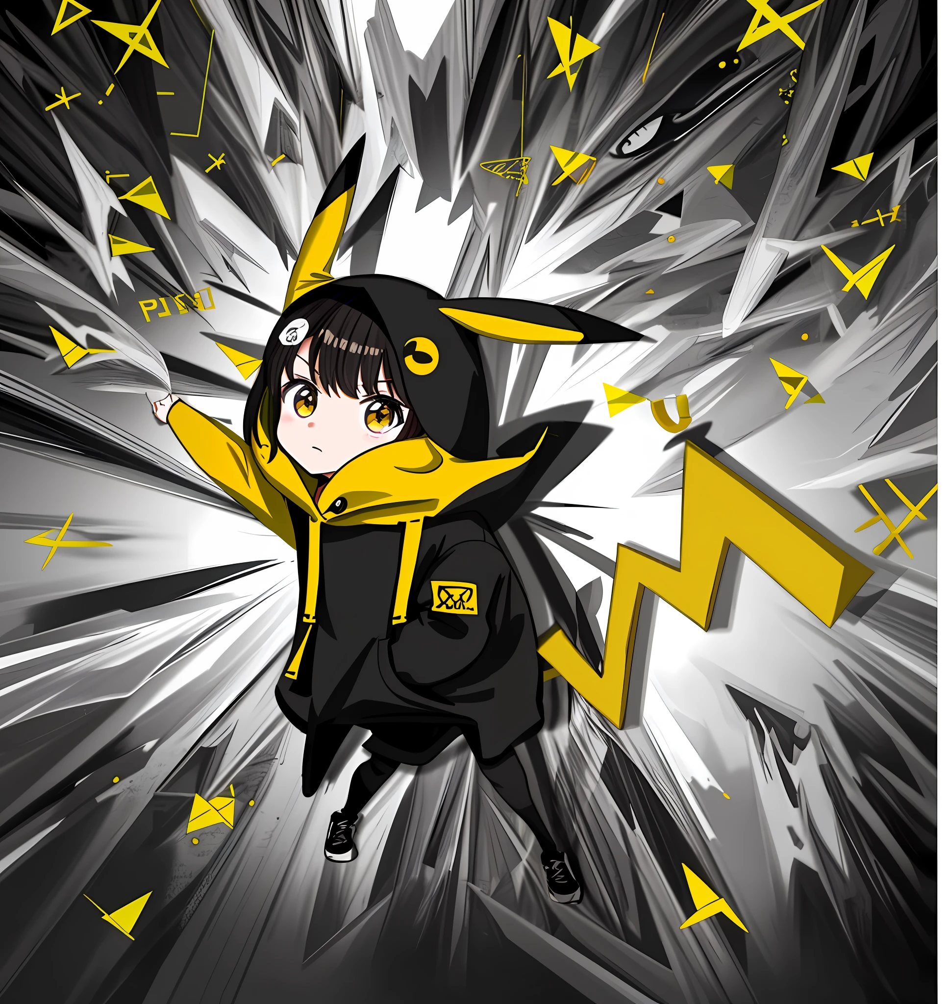 PadoruMeme 1girl, Pikachu girl, Pikachu hoodie, yellow and black hoodie