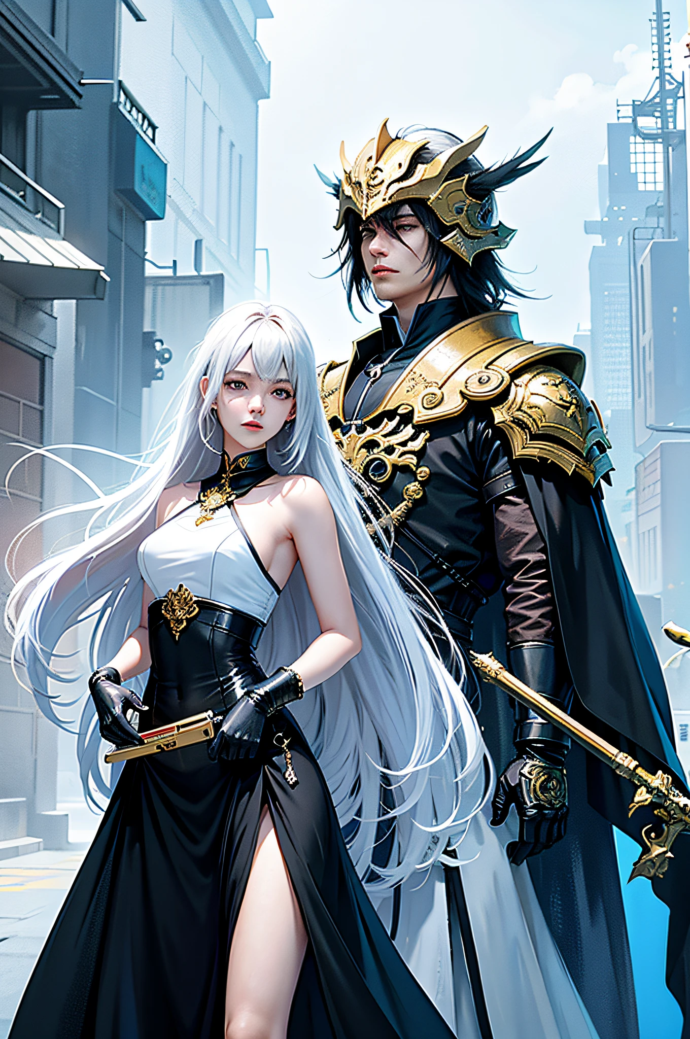Anime couples in Future City, the background presents fantasy Guvez style, Yang J and Joao Ruas style illustrations, sharp lines in the style of Ross Tran and Bayard Wu, changeable compositions in the style of Shuzo Oshimi and Katsuya Terada, concept art of love, and the delicate beauty of the fusion of genres such as WLOP, Sakimichan, Ross Tran (1 man and 1 woman, male with pistol, black hair, female white clothes, long-haired helmet), rainy nights, heavy rain, fluorescent smeared futuristic city