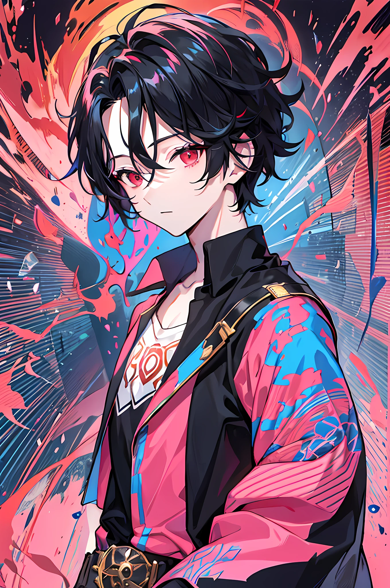 1 boy, handsome boy, black hair, comma hair, forehead comma hair, korean hair, Red eyes, pink and blue splash, looking at viewer, upper body