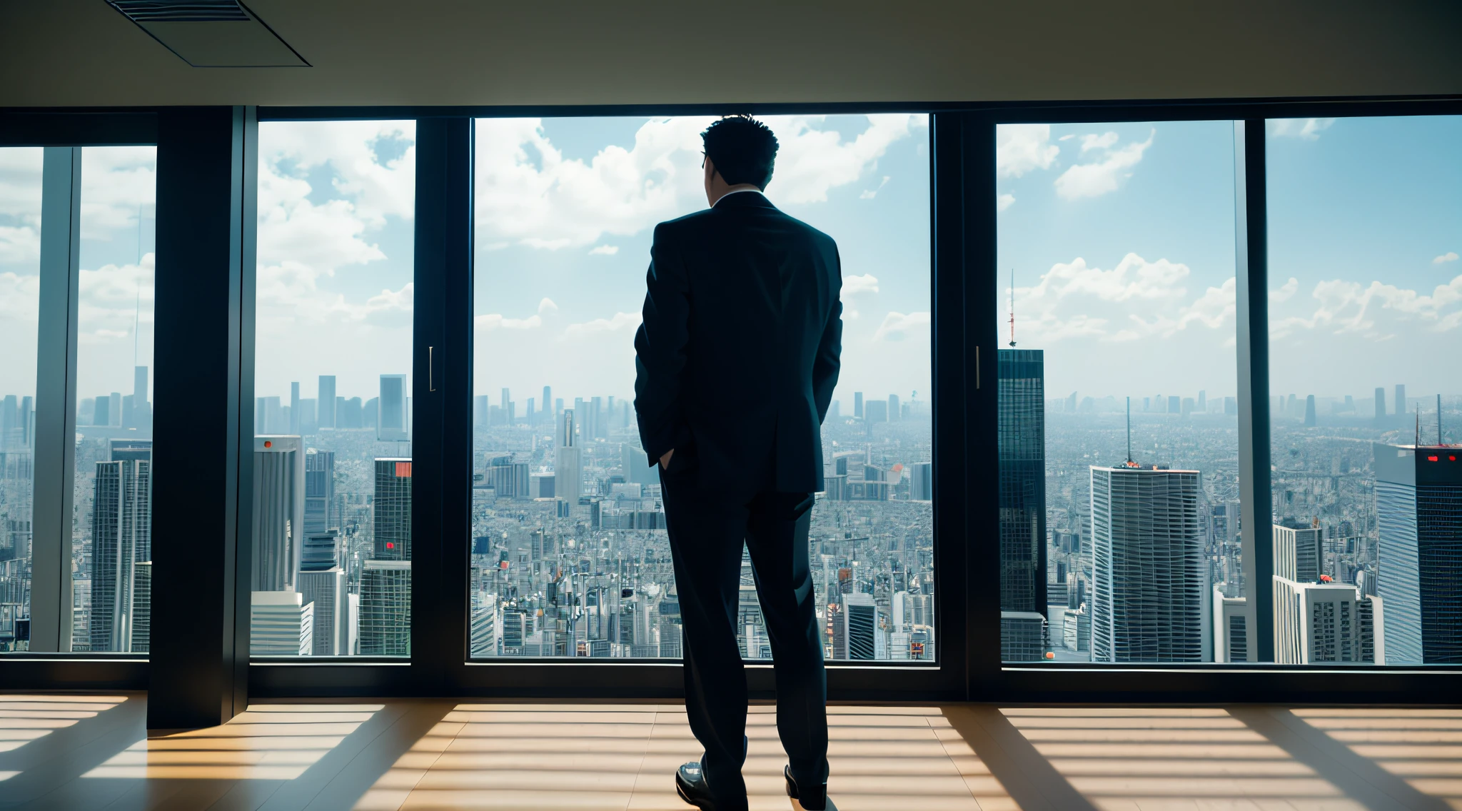 A man in a suit, standing in front of a large floor-to-ceiling window, half back, overlooking the architecture of Tokyo, everything covered by movies, rich details, panoramic perspective, cinematic texture, epic feeling, cinematic texture Kodak film, scrapes and scratches, backlight, 8K,