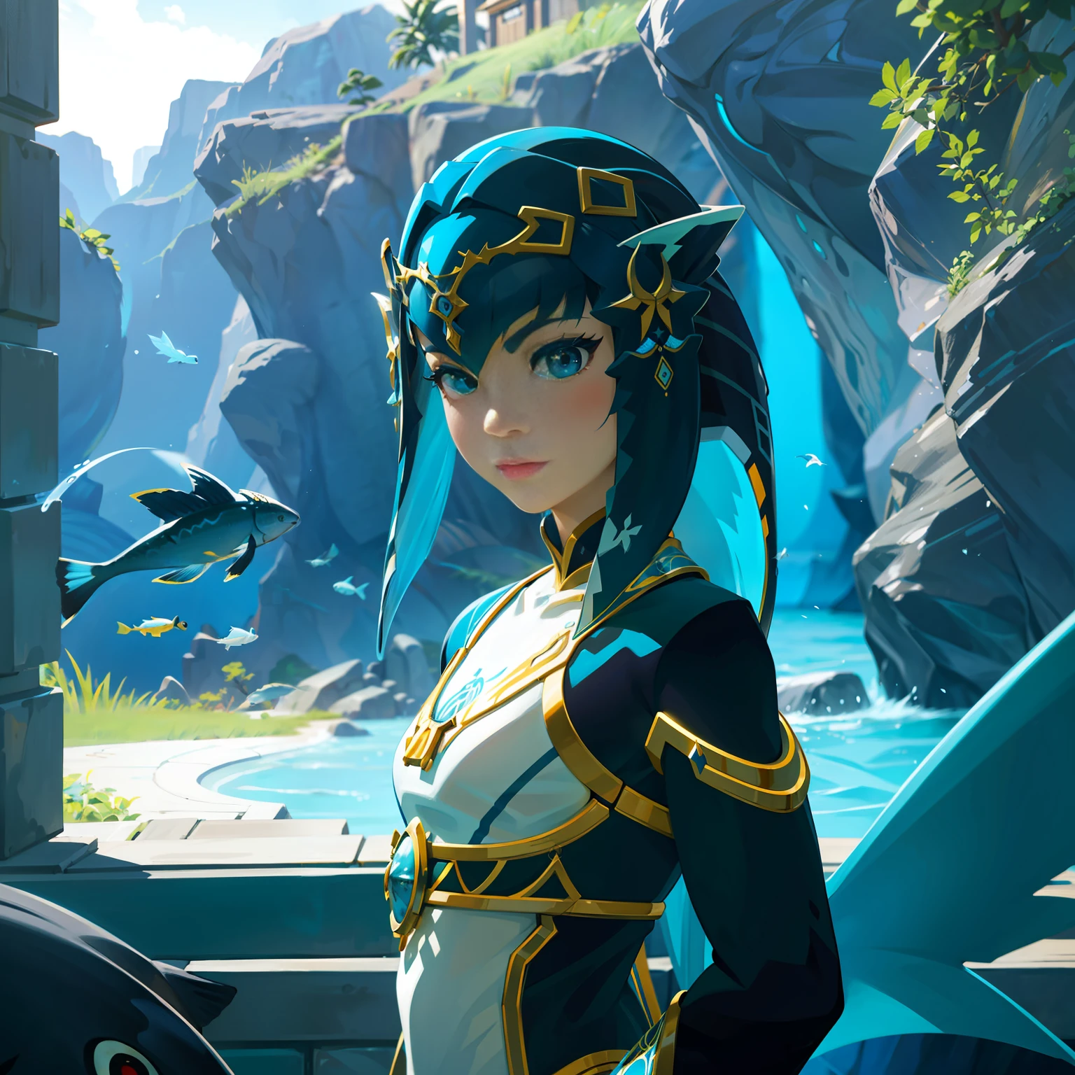 Girl surrounded by fish, close-up of avatar, relaxed expression, oil brush strokes, spirit, anime, decorative painting elements, depth of field lens, 8K, deep eyes, cinematic light.