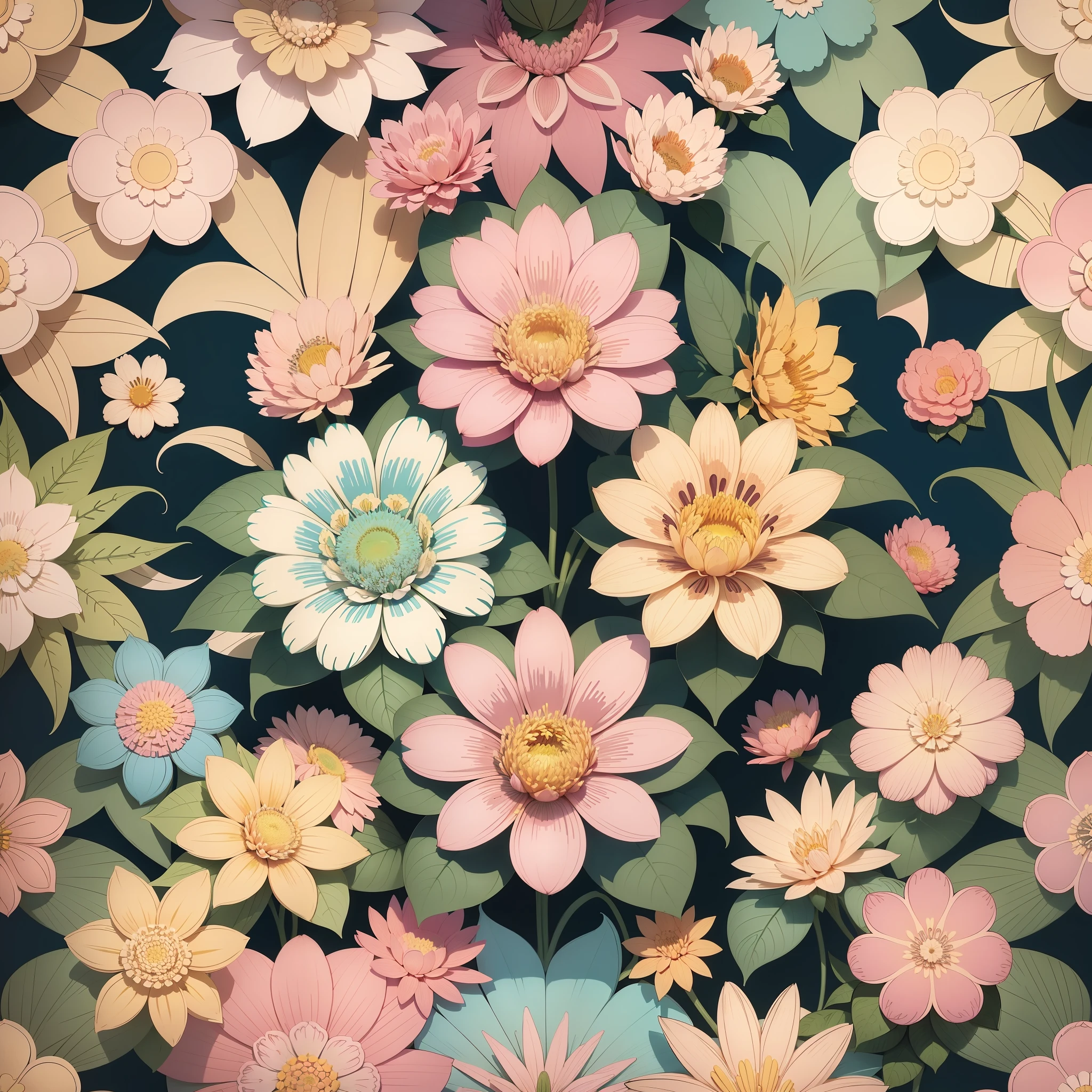 Set pattern of large flowers with plants, defined shape, flat style, vector style, drawing style, naïve style, wallpaper style, in soft pastel colors such as old pink, pastel blue, light blue, beige, pastel yellow. No shadows in the images.
