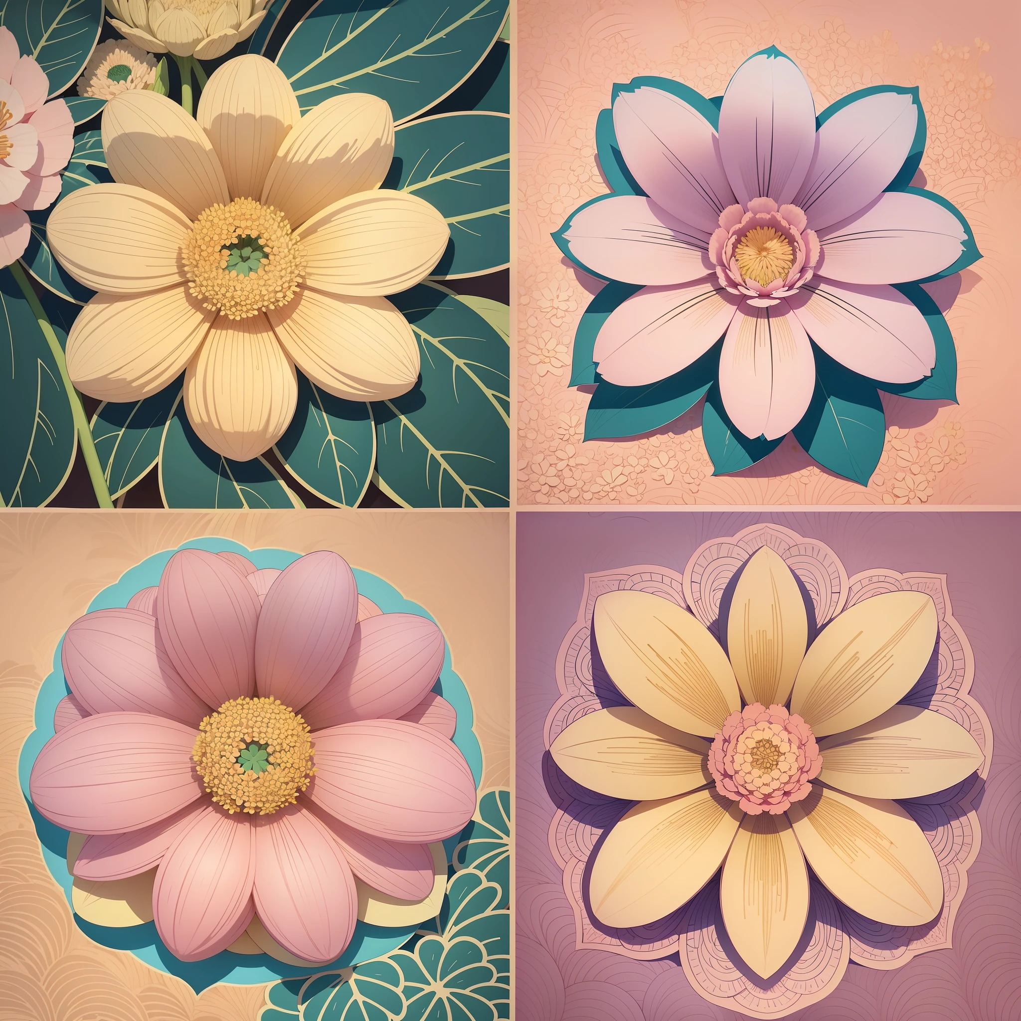Set pattern of large flowers with plants, defined shape, flat style, vector style, drawing style, naïve style, wallpaper style, in soft pastel colors such as old pink, pastel blue, light blue, beige, pastel yellow. No shadows in the images.