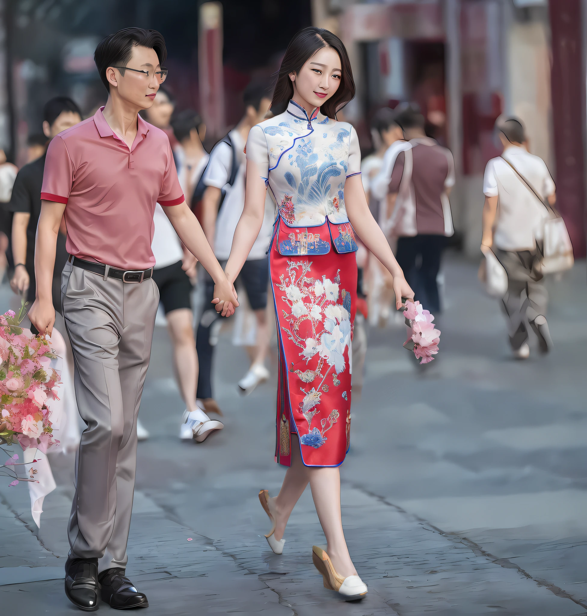 Blue cheongsam, Chinese style, white shoes, rich details.