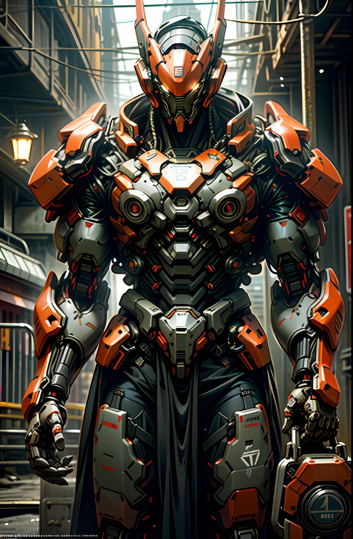 Dark_Fantasy,Cyberpunk,(chain saw,chain saw man,Red:1.1),1man,Mechanical marvel,Robotic presence,Cybernetic guardian, wearing a worn-out mech suit, intricate, (steel metal [rusty]), elegant, clear focus, shot by greg rutkowski, soft lighting, vibrant colors, masterpiece, ((street)), cowboy shot, dynamic pose,