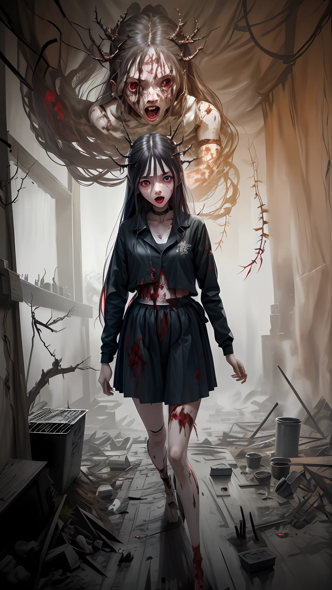 reelhorror, 1girl, humanoid, dismembered body, multiple arms, open mouth, thorns, looking at viewer, long hair, lie, blood, monster, wound, blood on face, realistic, death, corpse, messy, interior, garbage, scene pov, pov, horror