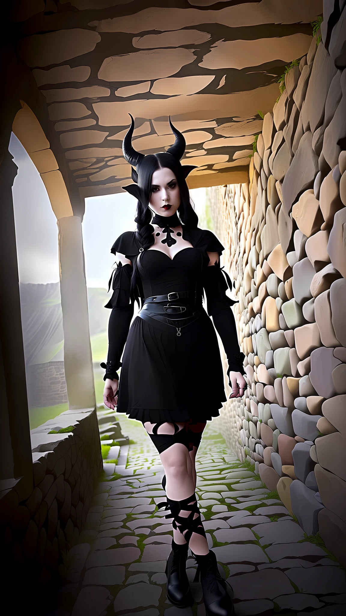arafed woman in a black dress and devil horns walking down a stone walkway, with horns, tiefling, succubus | medieval, succubus in tight short dress, wearing a gothic dress, with black horns instead of ears, gothic outfit, wearing gothic accessories, wearing modern gothic clothes, witchy clothing, black horns, gothic clothing, dark gothic dress