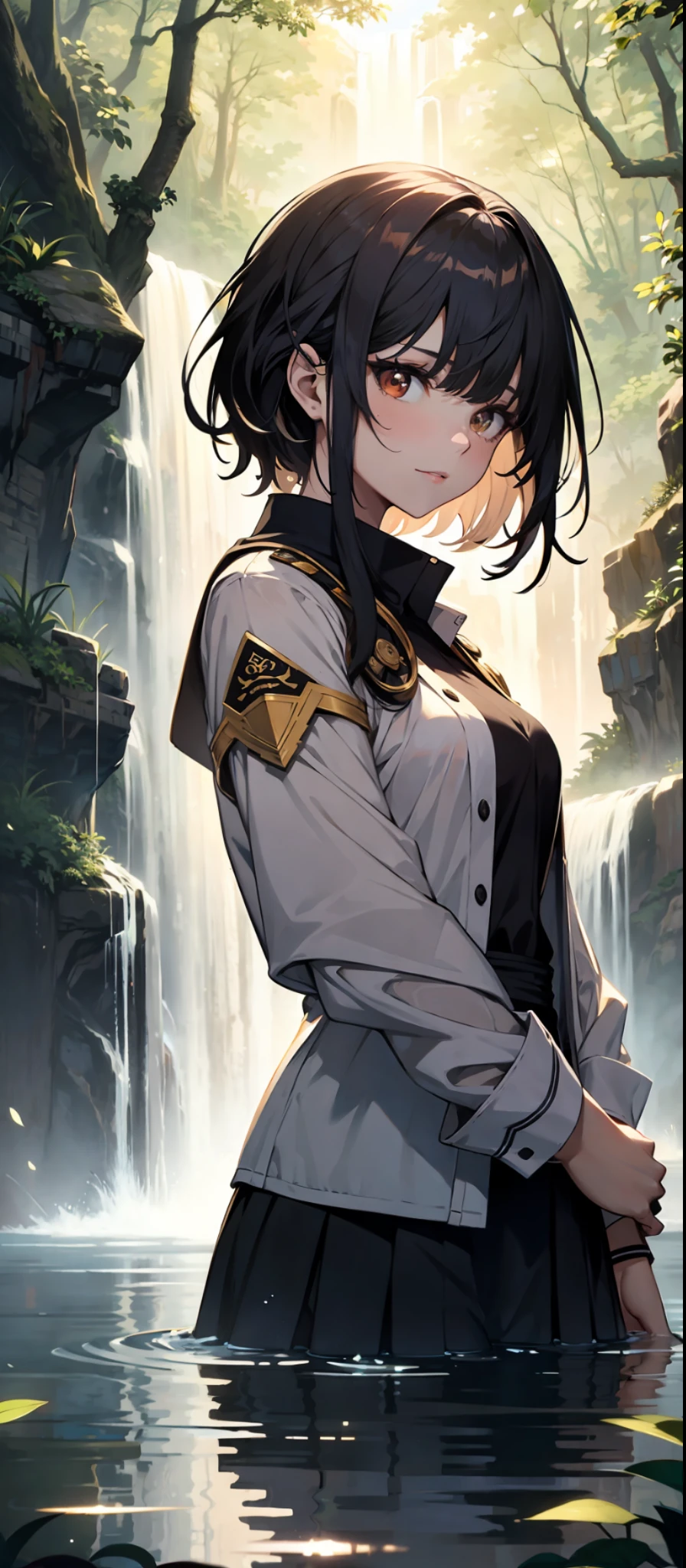 In the pond below the waterfall, 1 beautiful girl, short hair with long locks, standing, (broken) ((JK uniform)), drenched, drenched, curvaceous, various poses, {{illustration}}, {extremely delicate and beautiful}, {delicate makeup}, ultra-detailed, delicate glowing eyes, {{cinematic light}}, high quality, masterpiece, forest, waterfall, pond, delicate facial features, delicate hair portrayal, delicate eye portrayal, masterpiece , highest quality, ray tracing, extremely detailed CG unity 8k, wallpaper, masterpiece, half body, upper body