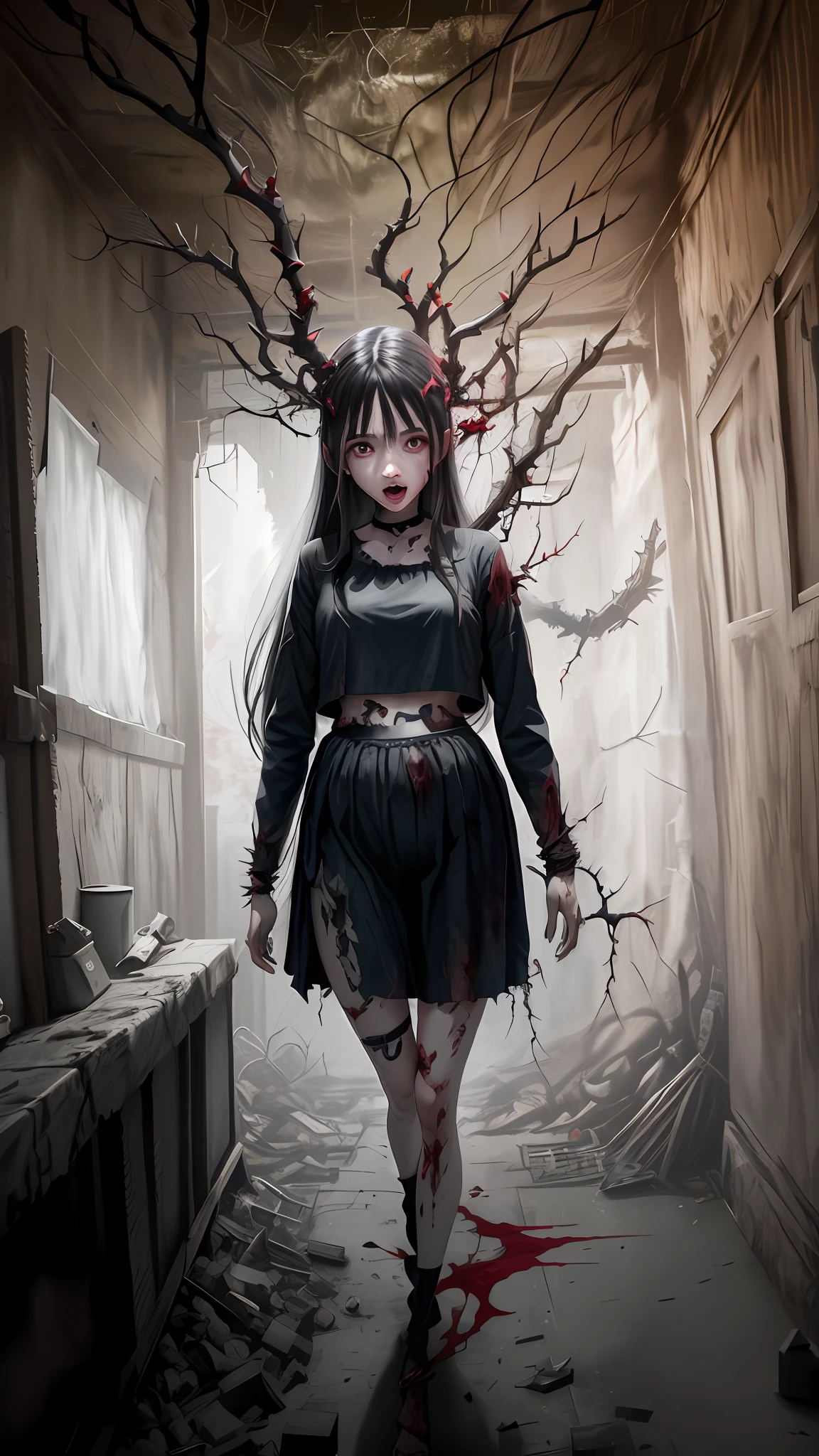 reelhorror, 1girl, humanoid, dismembered body, multiple arms, open mouth, thorns, looking at viewer, long hair, lie, blood, monster, wound, blood on face, realistic, death, corpse, messy, interior, garbage, scene pov, pov, horror
