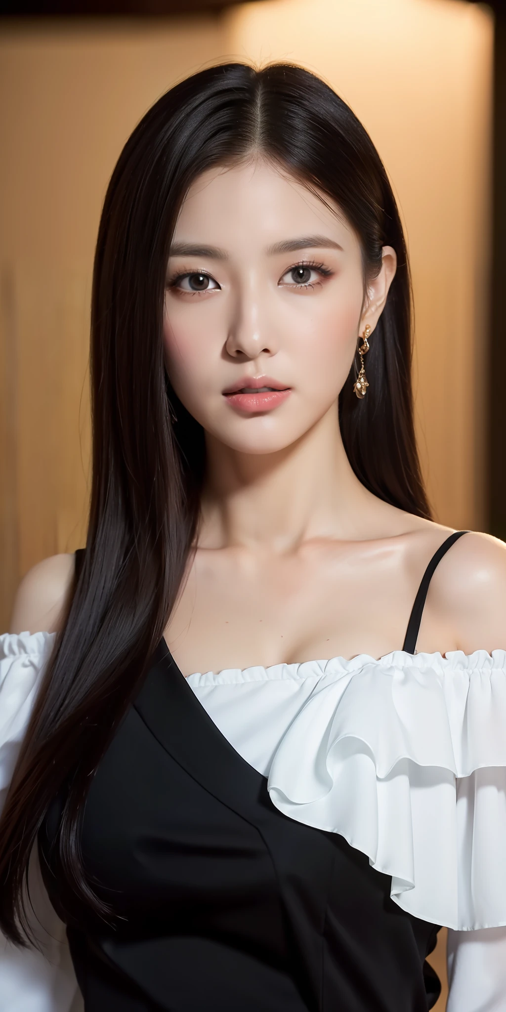 ((Top Quality, 8k, Masterpiece: 1.3)), Sharp Focus: 1.2,1 Perfect figure Pretty Women: 1.4, black hair, huge breasts, wearing a white blouse, highly detailed face and skin texture, detailed eyes, double eyelids, off-shoulder