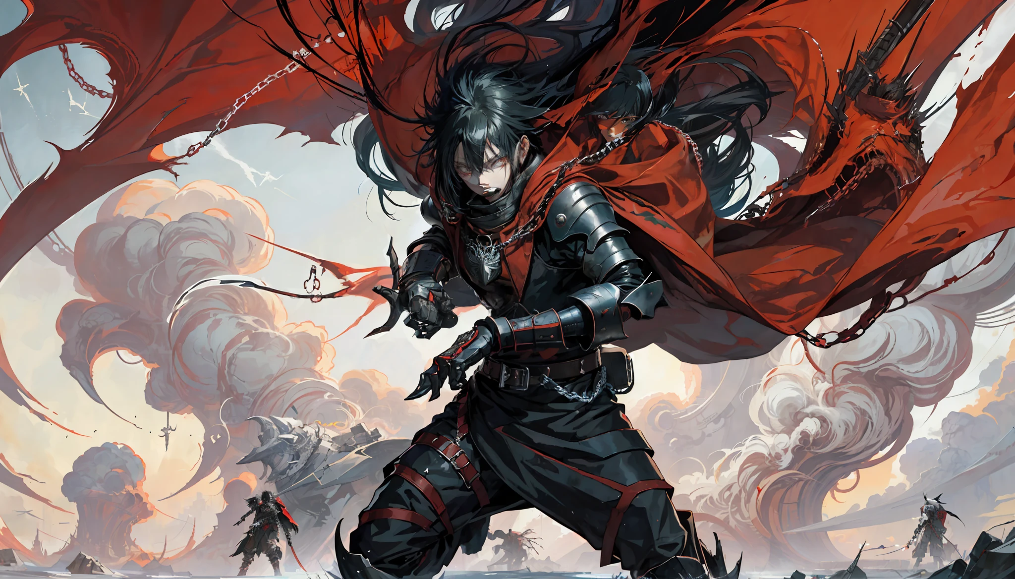 anime character with red cape and chain around his neck, 4 k manga wallpaper, badass anime 8 k, trigun, tsutomu nihei style, tsutomu nihei art, epic anime style, in full metal alchemist, shigenori soejima illustration, alucard, berserk style, inspired by Kawabata Ryūshi, futuristic tetsuo