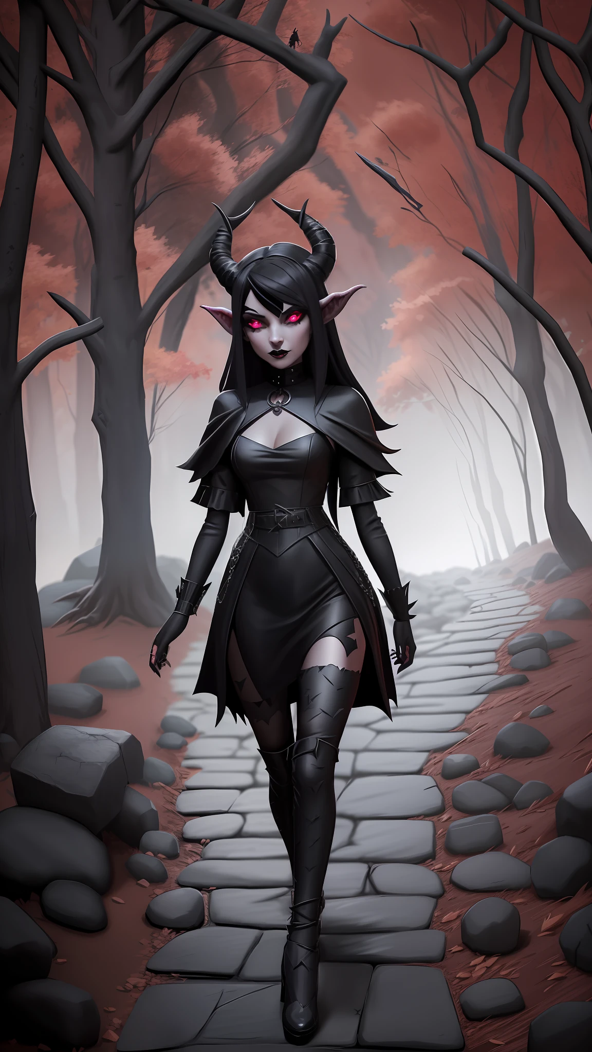 arafed woman in a black dress and devil horns walking down a stone walkway, with horns, tiefling, succubus | medieval, succubus in tight short dress, wearing a gothic dress, with black horns instead of ears, gothic outfit, wearing gothic accessories, wearing modern gothic clothes, witchy clothing, black horns, gothic clothing, dark gothic dress