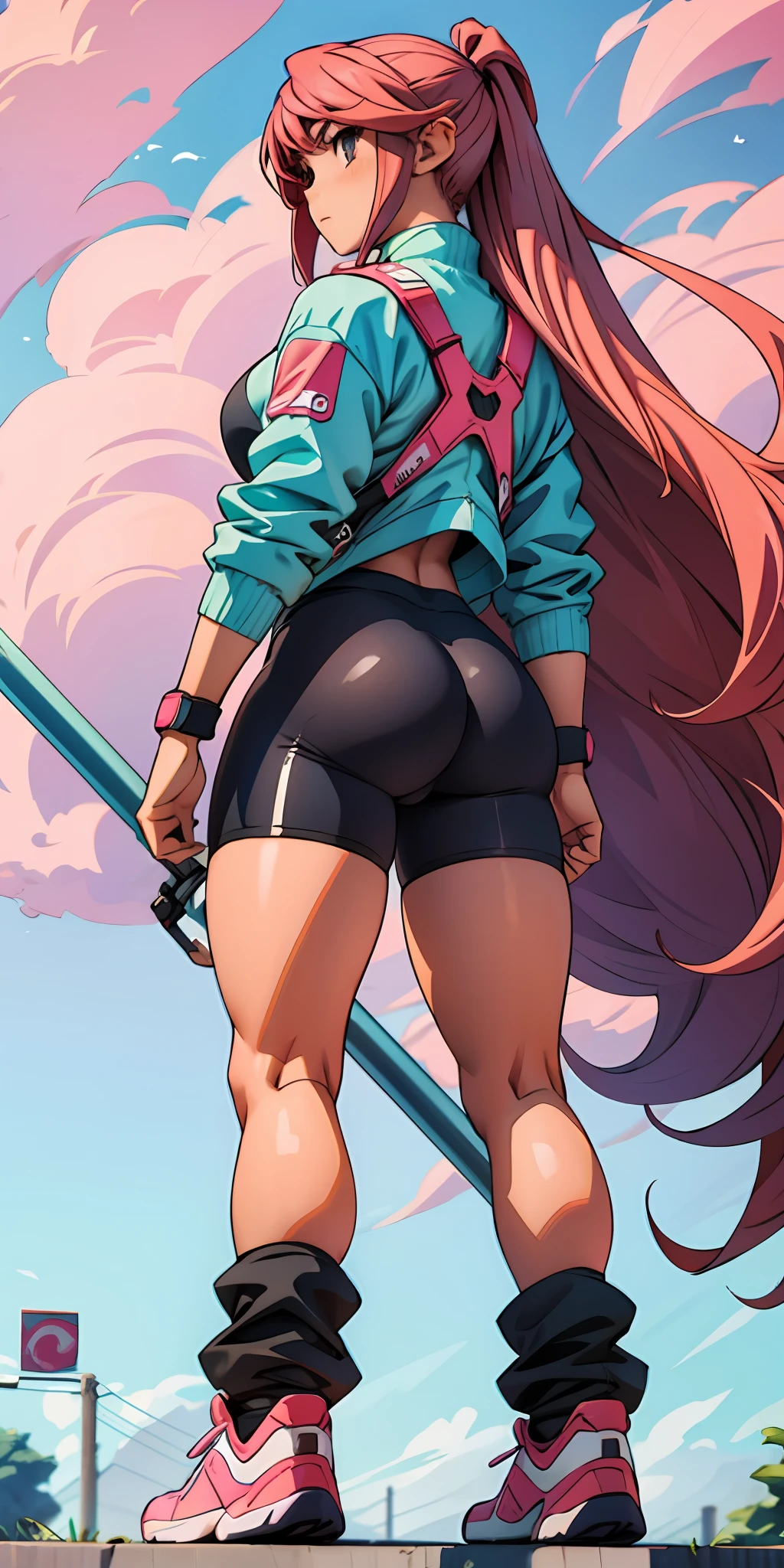 Muscular, girl, big thighs, pretuberance, long pink hair, cycling shorts, big ass