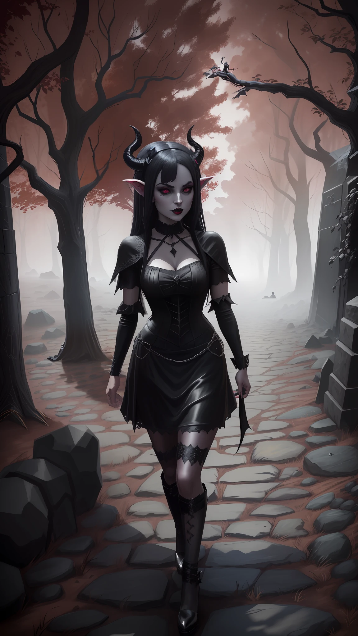 arafed woman in a black dress and devil horns walking down a stone walkway, with horns, tiefling, succubus | medieval, succubus in tight short dress, wearing a gothic dress, with black horns instead of ears, gothic outfit, wearing gothic accessories, wearing modern gothic clothes, witchy clothing, black horns, gothic clothing, dark gothic dress