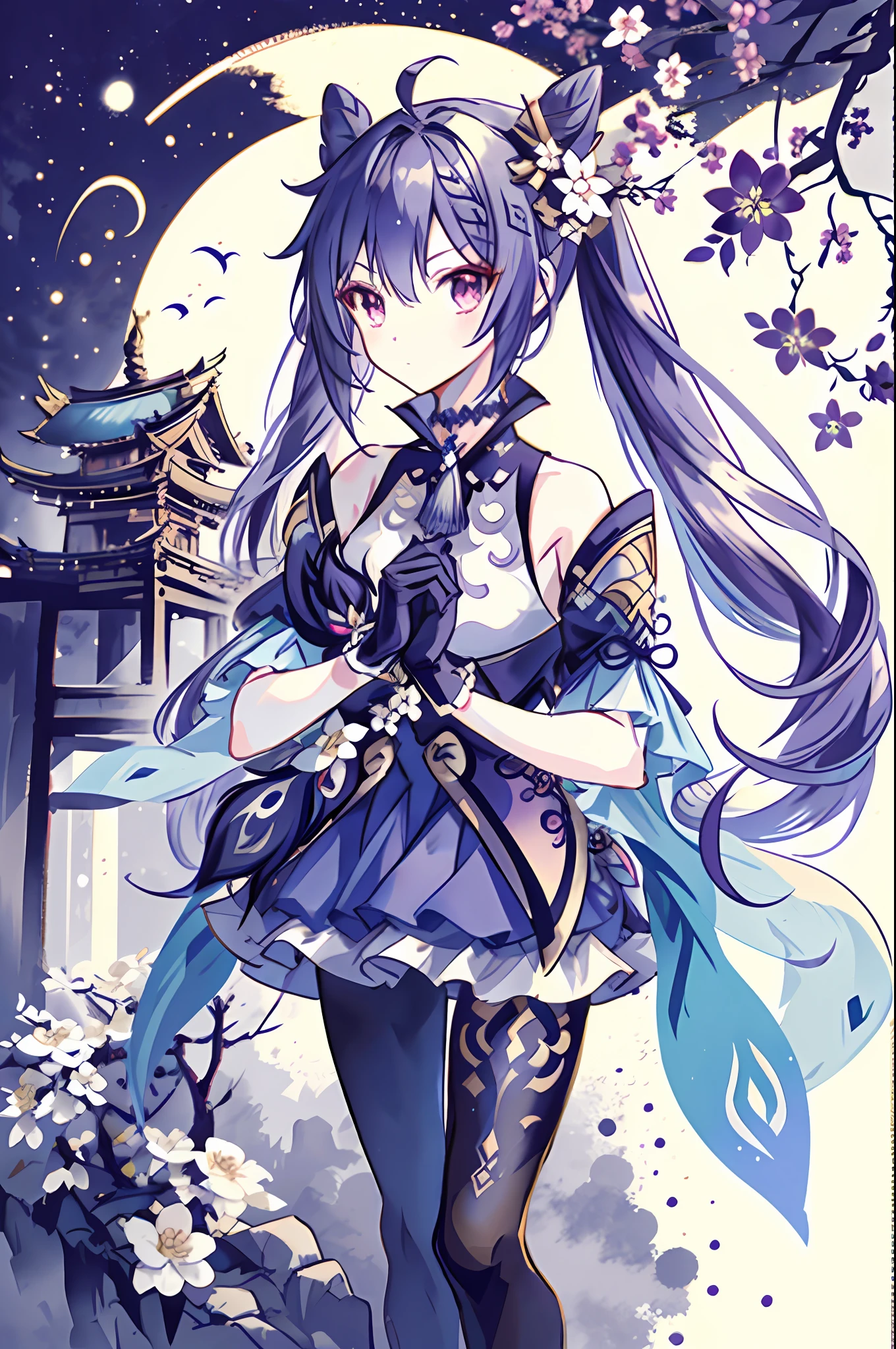 ganyu\(genshin impact\), 1girl, ahoge, architecture, bangs, bare shoulders, bell, black gloves, black tights, ((blue hair)), blush, breasts, chinese knot, sleeves, East Asian architecture, flower knot, gloves, long hair, looking at the audience, mid-chest, night, outdoors, pantyhose, purple eyes, sideburns, solo, tassels, white sleeves, ((masterpiece)), ink style