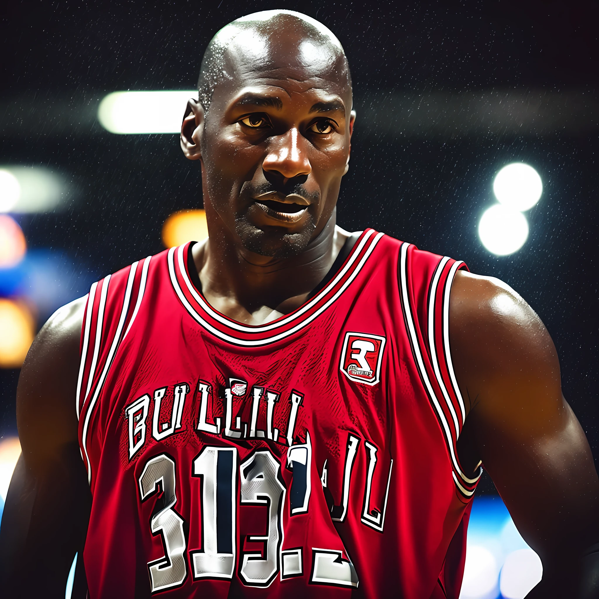 front shot of michael jordan wearing the chicago bulls jersey, macro lens, cinematic lighting, documentary photography, tunnel, background rain