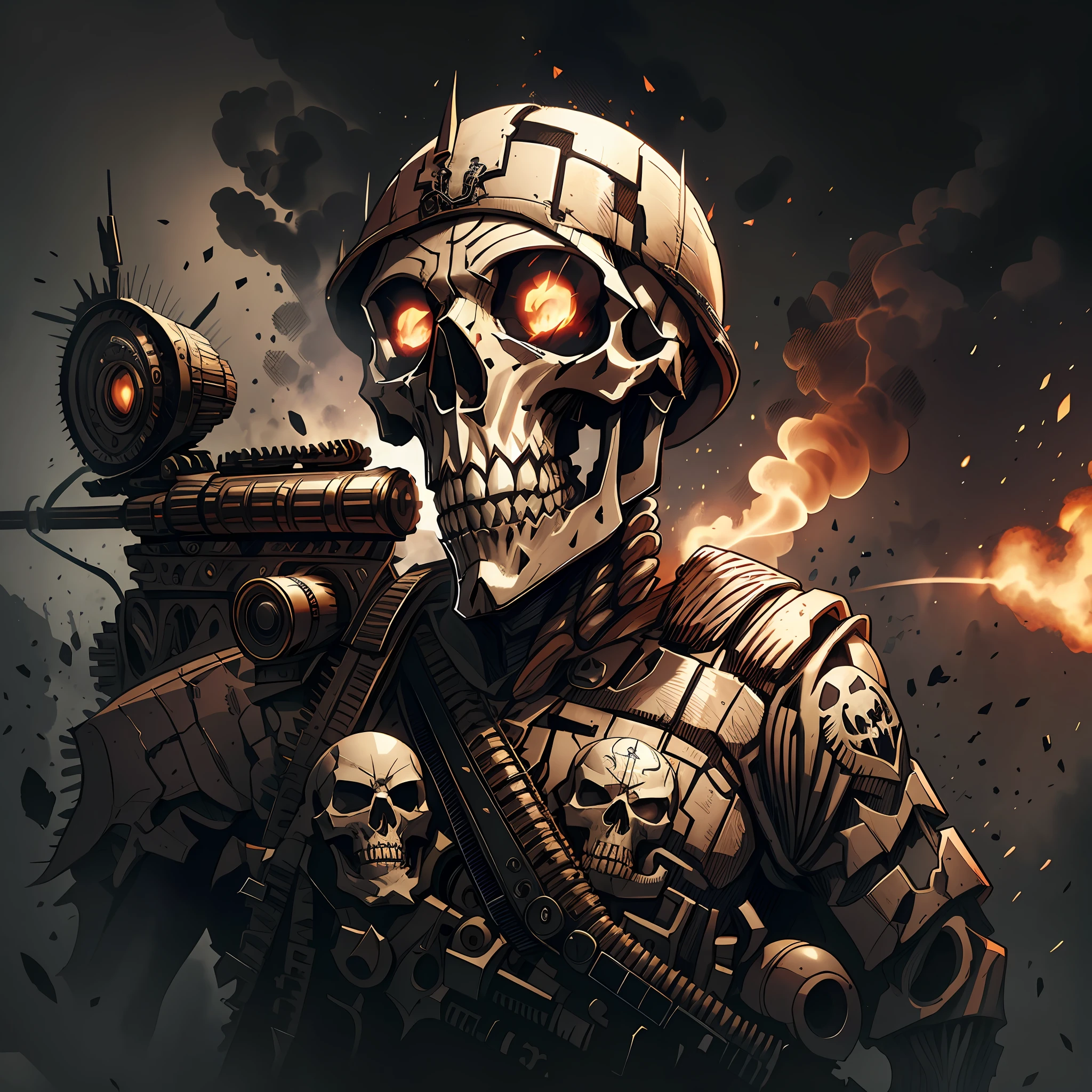 skull in military uniform holding a sniper, a skeleton holding a sniper, iron portrait hearts, (smoke), iron hearts portrait style, skeletons holding snipers, man's head is a skull, by Ludwik Konarzewski, by Aleksander Kobzdej, by Dechko Uzunov --auto --s2