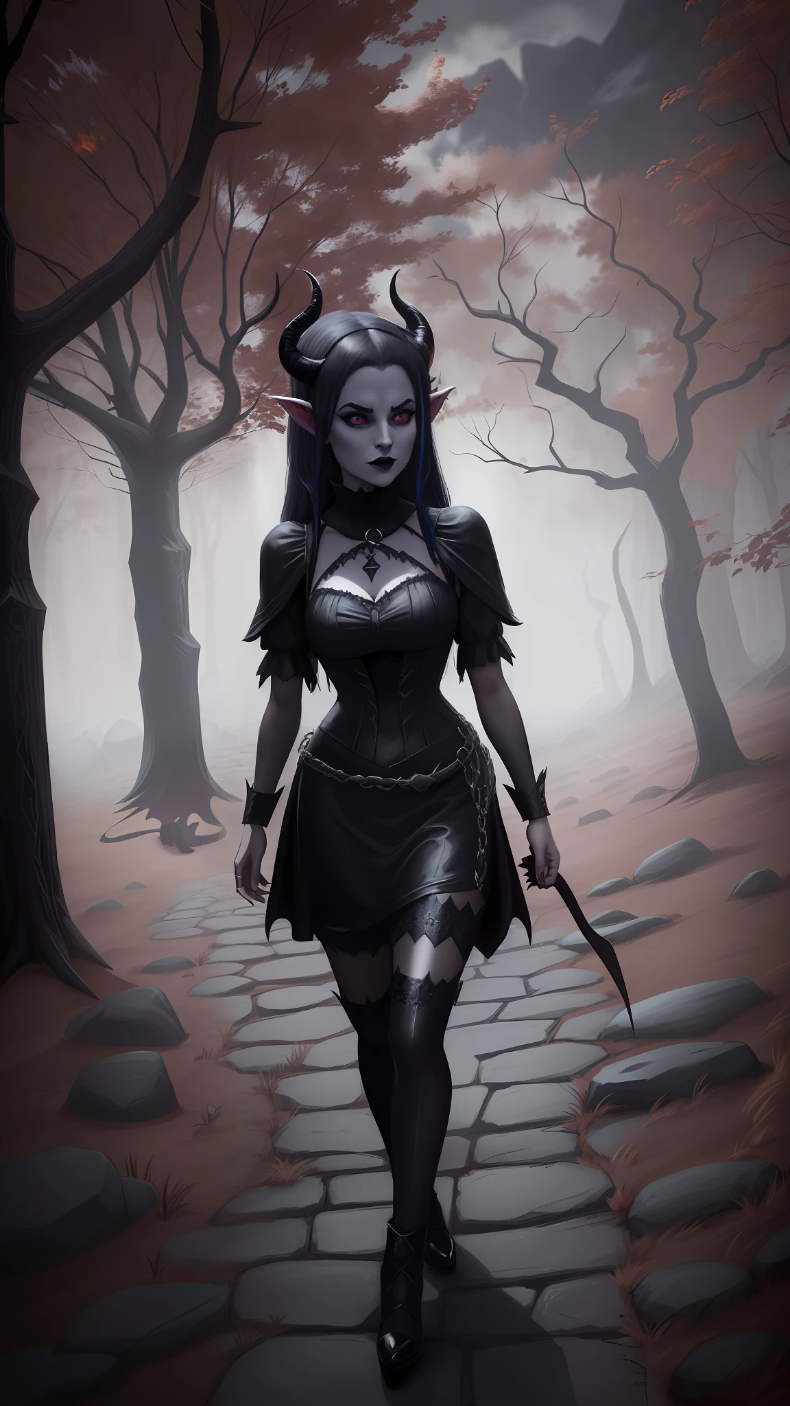 arafed woman in a black dress and devil horns walking down a stone walkway, with horns, tiefling, succubus | medieval, succubus in tight short dress, wearing a gothic dress, with black horns instead of ears, gothic outfit, wearing gothic accessories, wearing modern gothic clothes, witchy clothing, black horns, gothic clothing, dark gothic dress