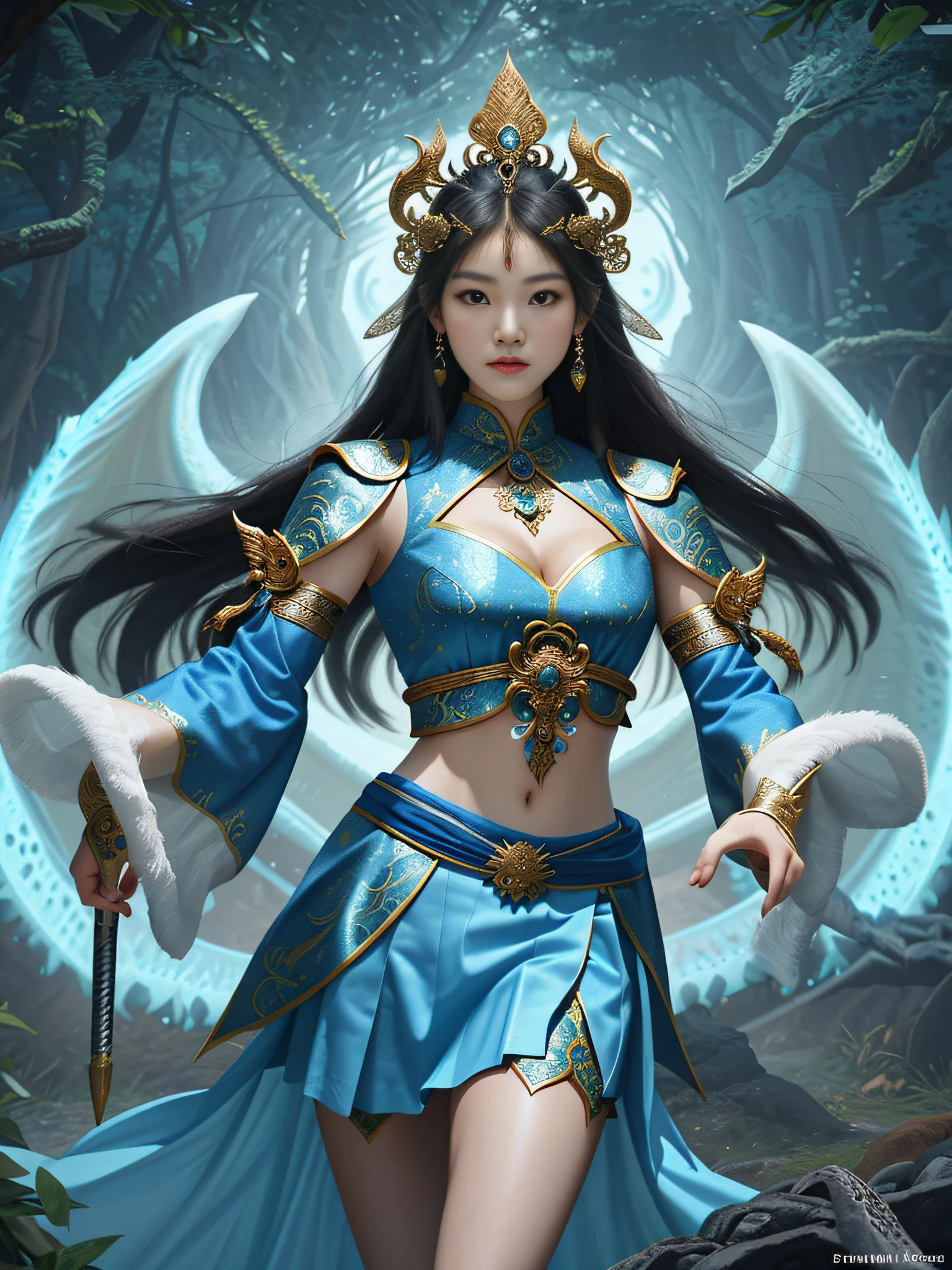 (A beautiful girl with double eyelids, long hair, Asian), Chara is the legendary crocodile warrior, as well as his charming character. Shirtless clothes, wearing a short skirt that exposed his muscular hips and thighs. Chara emerges from the depths of ancient stories as a powerful female warrior, deeply intertwined with the myths of the land. The divine dragon is depicted as an imposing existence, exuding an aura of primordial power and mystery. He is dressed in traditional Thai clothing in blue and white, blending palatial elegance with battle-hardened resilience. The intricate details of his costumes, decorated with vibrant motifs and ornate embroidery, pay homage to the cultural heritage of the region.