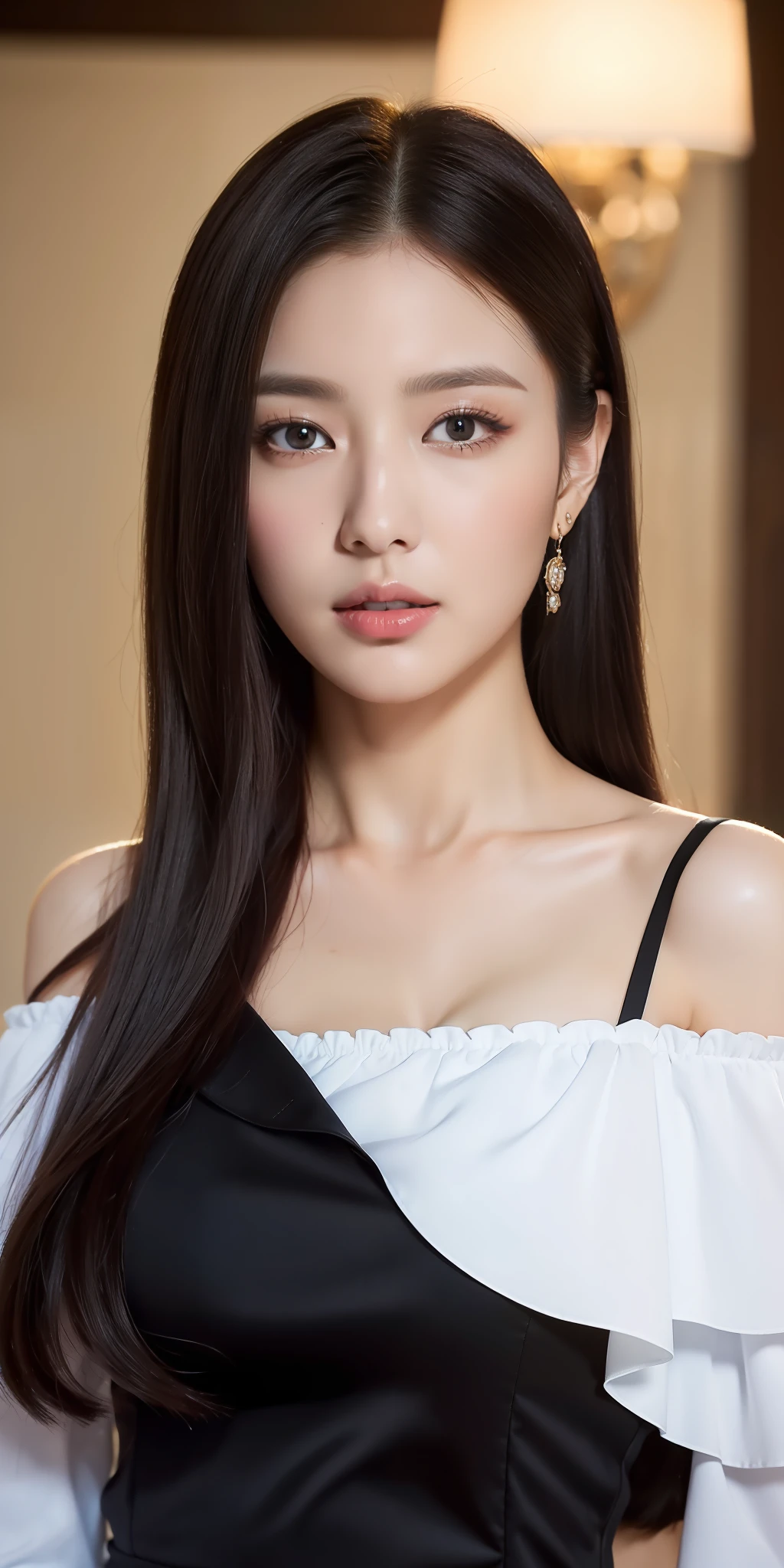 ((Top Quality, 8k, Masterpiece: 1.3)), Sharp Focus: 1.2,1 Perfect figure Pretty Women: 1.4, black hair, huge breasts, wearing a white blouse, highly detailed face and skin texture, detailed eyes, double eyelids, off-shoulder