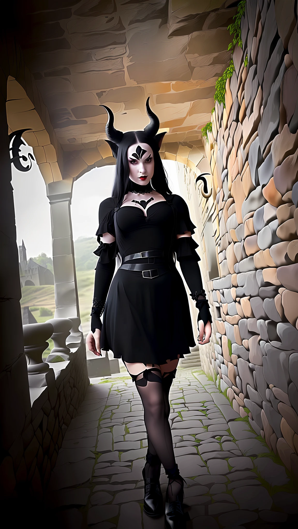 arafed woman in a black dress and devil horns walking down a stone walkway, with horns, tiefling, succubus | medieval, succubus in tight short dress, wearing a gothic dress, with black horns instead of ears, gothic outfit, wearing gothic accessories, wearing modern gothic clothes, witchy clothing, black horns, gothic clothing, dark gothic dress