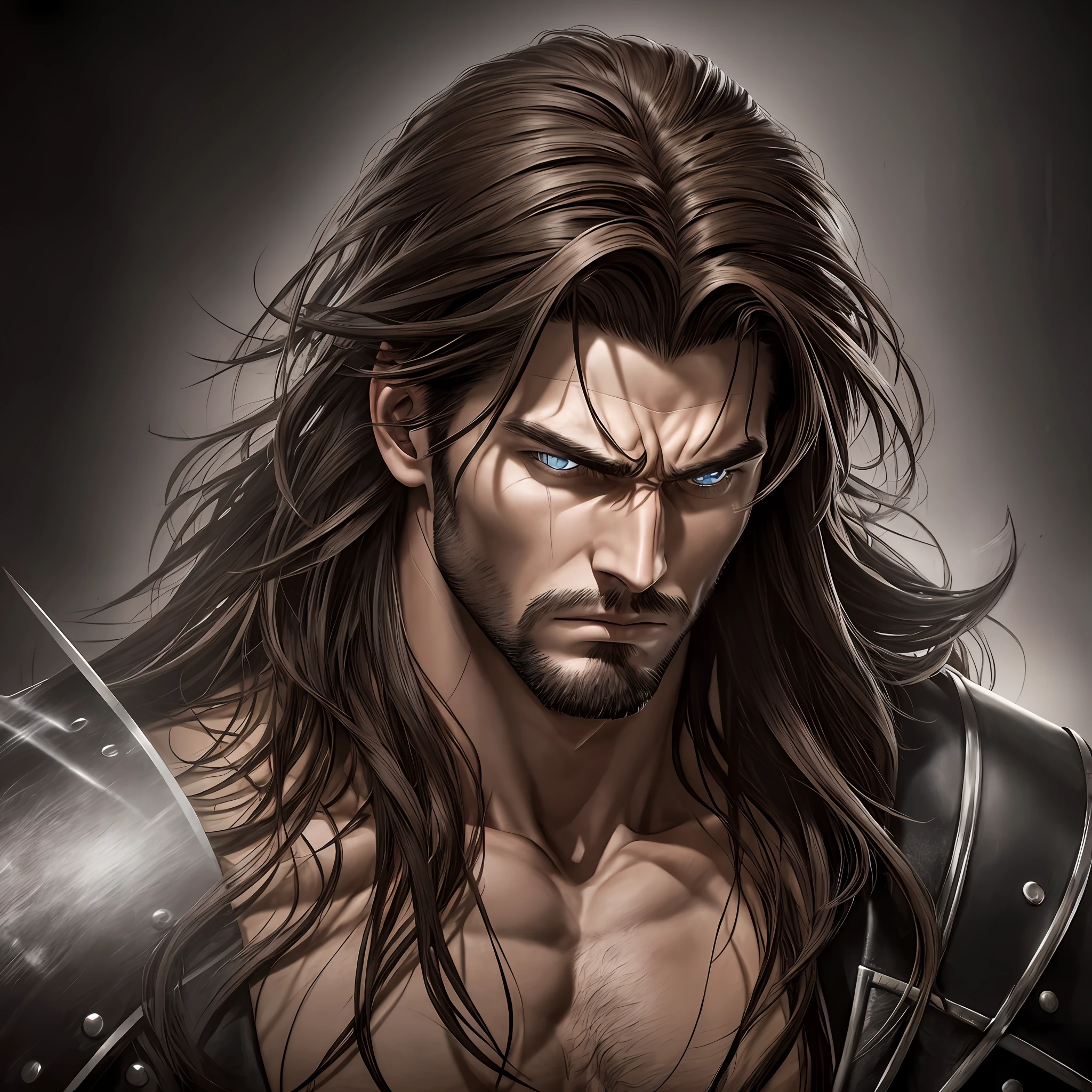 Picture a captivating image of a tall, handsome man with long, brown hair and piercing brown eyes. He stands strong and muscular, clad in casual black RPG attire that adds to his aura of mystery and power. The focus is on his face, capturing a moment of intense pain and anguish. His eyes widen, and his mouth hangs open, conveying the depth of his suffering. The artwork draws inspiration from The King of Fighters XV characters, delivering the same level of detailed artistry and realism using the cutting-edge technology of Unreal Engine 5. Prepare to be enthralled by the raw emotion and stunning visual fidelity that brings this character to life. --auto --s2
