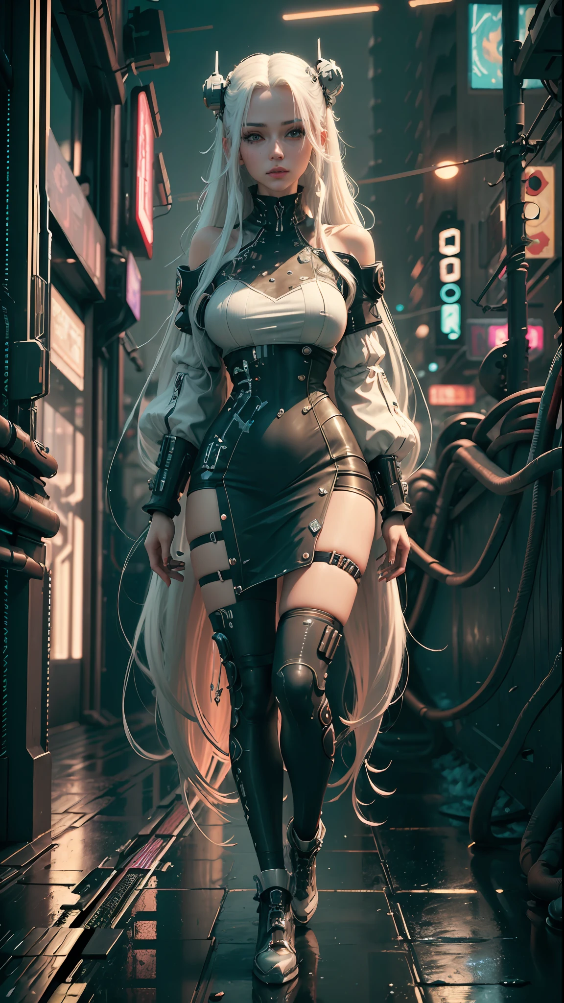 ((Best quality)), ((masterpiece)), (detailed: 1.4), 3D, cyberpunk, a beautiful woman with long white hair