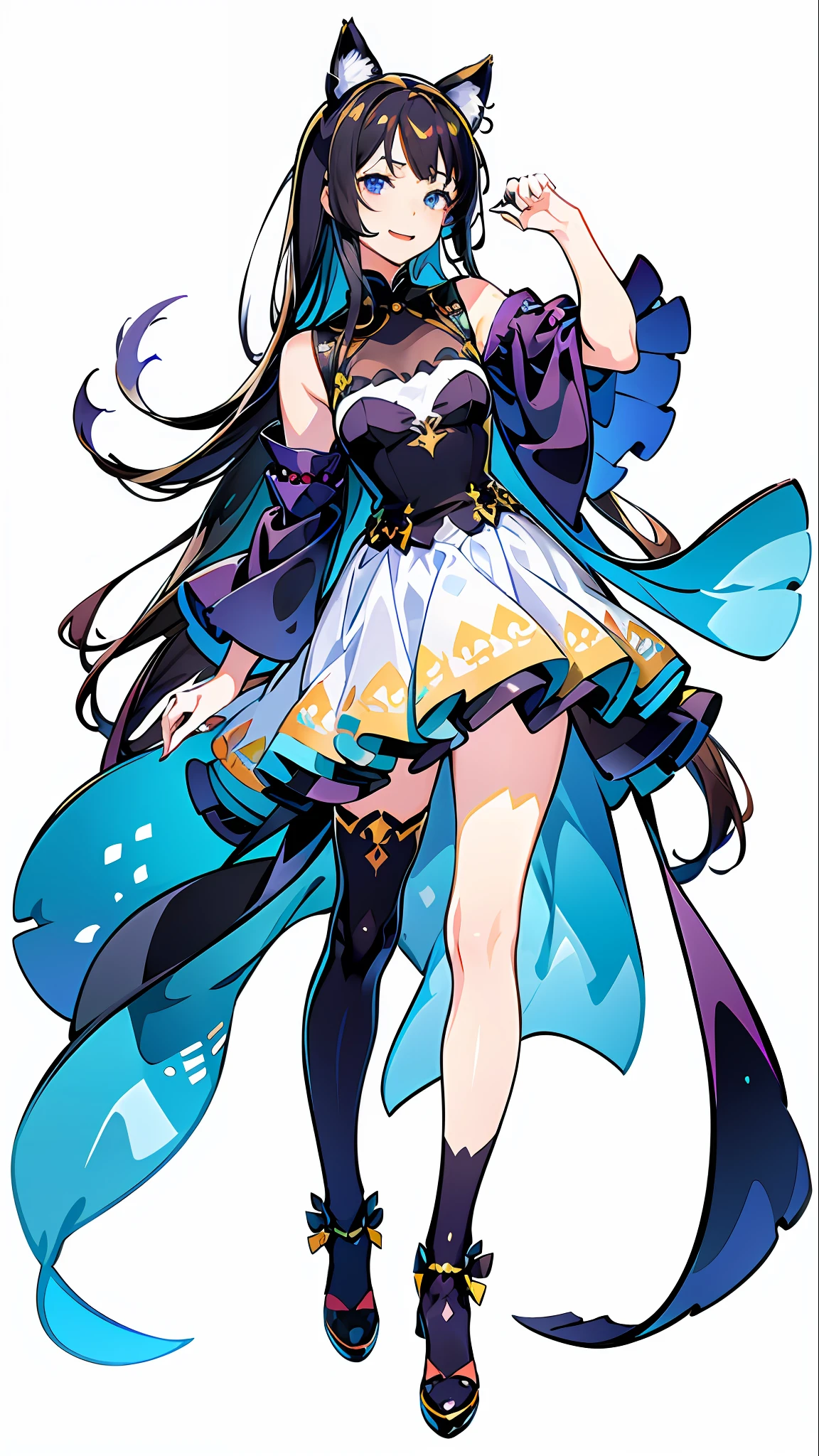 Masterpiece, best quality, 1 girl, full body, solo, (simple background, white background: 1.5), standing strait, looking at the audience, laughing, costume, cat ears, animal ears, VT