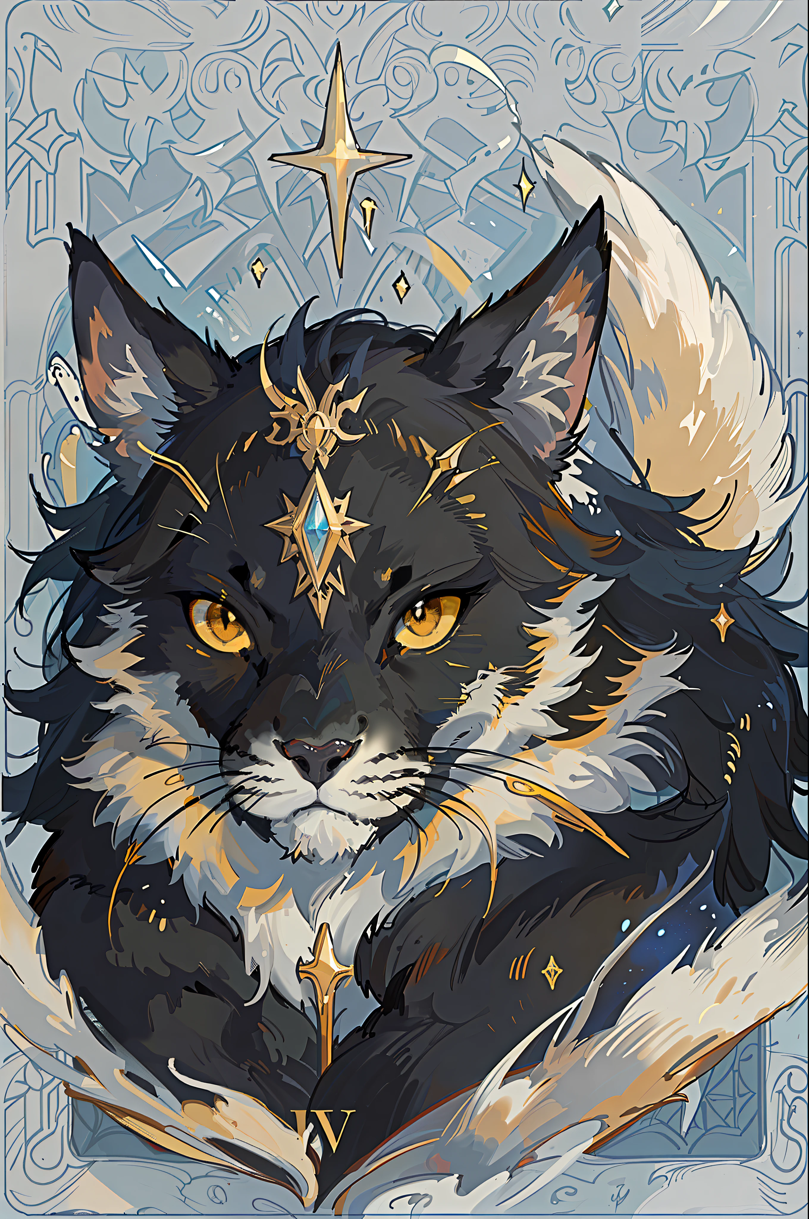 masterpiece, best quality, high quality, High definition, High quality texture, High quality shadow, A black phanter, fur, black phanter face, animal, high detailed art, majestic, stylized, tarot card cover, round ears, black nose, yellow eyes,