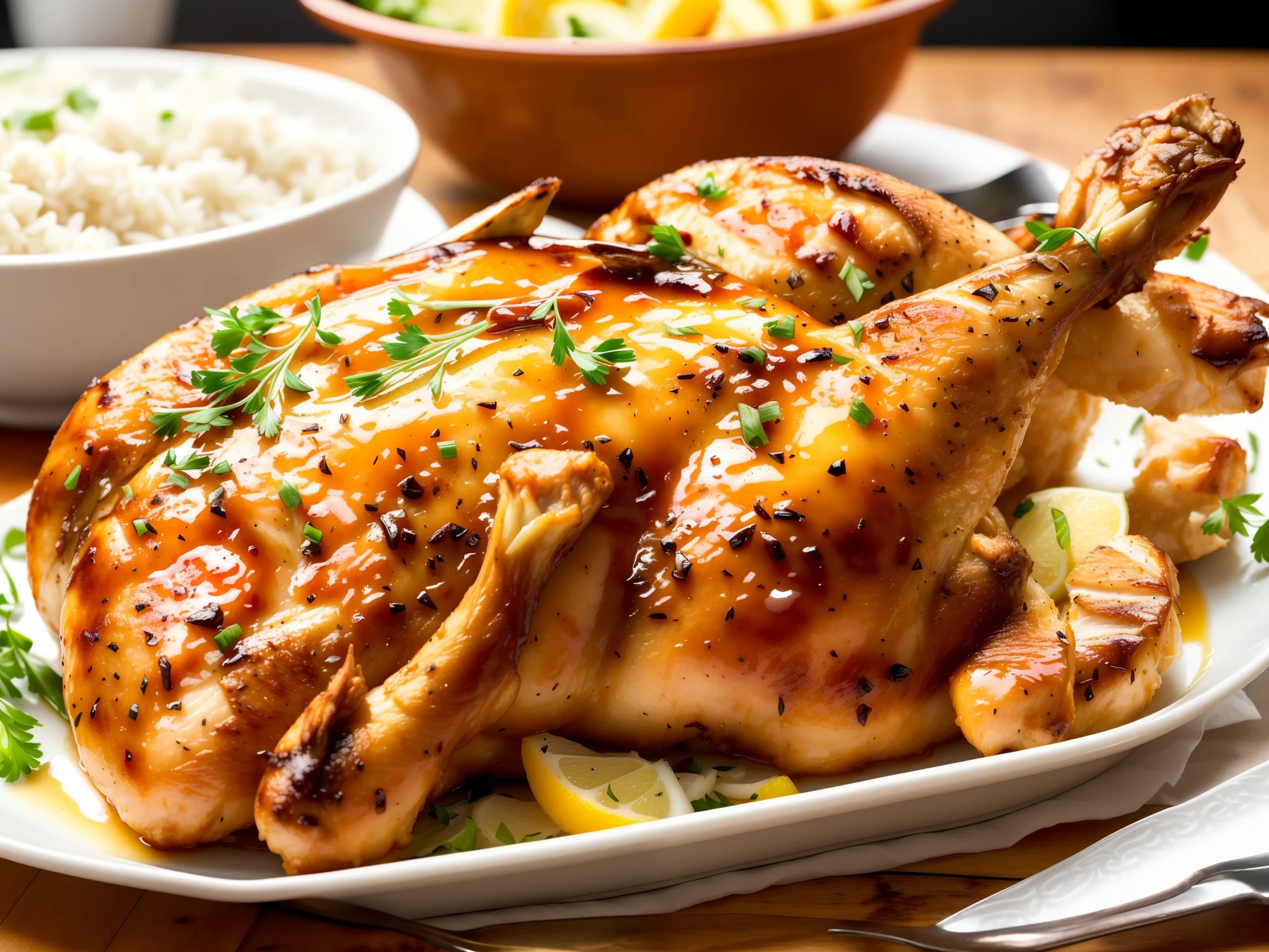 a close up of a roasted chicken on a plate with a fork, grilled chicken, high quality food photography, chicken, easy, ( ultra realistic, realistic and coherent, mixed art, professional food photography, ready to eat, an ultra realistic, looks realistic, a hyper realistic, very very realistic, incredibly realistic, rooster, food commercial 4 k, very realistic