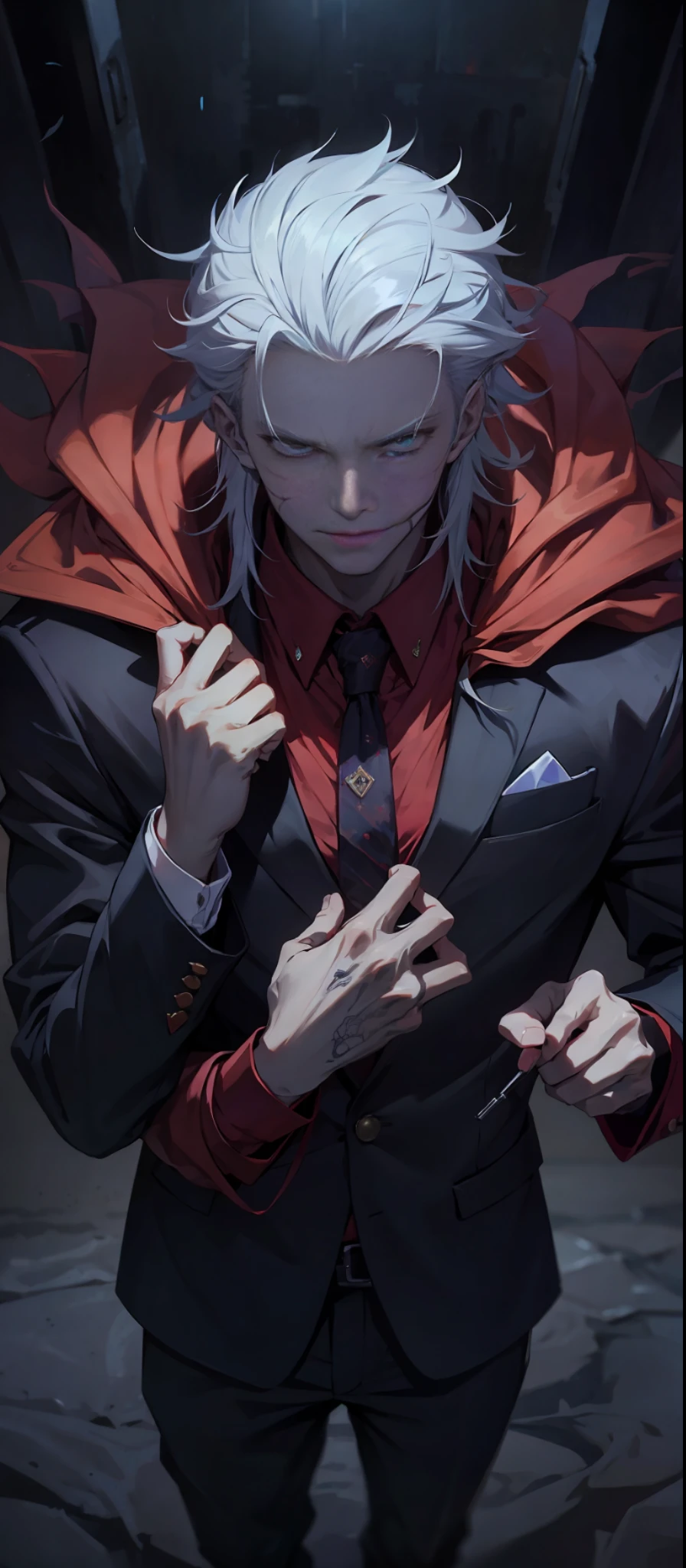 A man dressed up with a suit and in a dark room, in the style of yuumei, manticore, kris knight, red, master of ink, posuka demizu, caffenol developing --s 180 --ar 9:16 --q 5 --niji 5