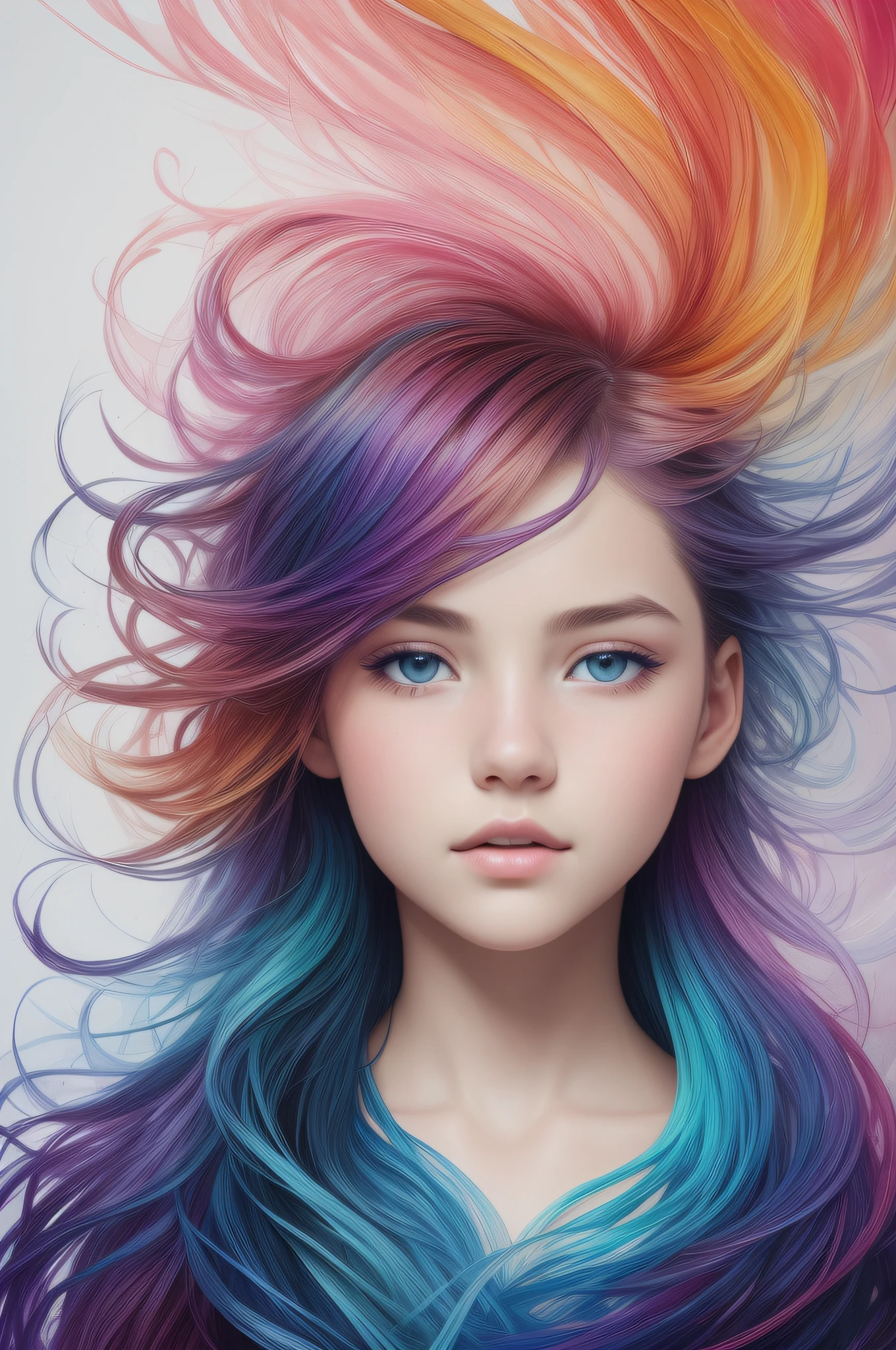Colorful beautiful girl: a giru 8-years old, messy hair, oil painting, nice perfect face with soft skinice perfect face, blue yellow colors, light purple and violet additions, light red additions, intricate detail, splash screen, 8k resolution, masterpiece, cute face,artstation digital painting smooth veryBlack ink flow: 8k resolution photorealistic masterpiece: intricately detailed fluid gouache painting: by Jean Baptiste Mongue: calligraphy: acrylic: watercolor art, professional photography, natural lighting, volumetric lighting maximalist photoillustration: by marton bobzert:, complex, elegant, expansive, fantastical, wavy hair, vibrant