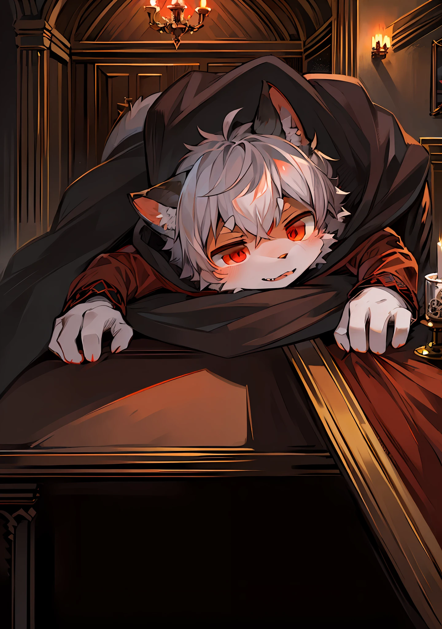 (Dark Environment: 0.8), Masterpiece, High Quality, Abstract Res, Digital Painting\(artwork\), by Dagasi, Yupa, Kiyosan, (Anthro, Fluffy Fur, Character Focus: 1.1), Anthro Male Cat, Short Hair, Portrait , bright eyes, character focus. (Detailed background: 0.7), Solo, Furry, Furry Tiger Male, Male Focus, Anthr, (Full body fur, Fluffy tail, White fur, Red eyes, Gray hair: 1.2), (Canids, vampires, capes: 1.2), (Interior, Night, Castle, Coffin: 1.1) Castration, castration