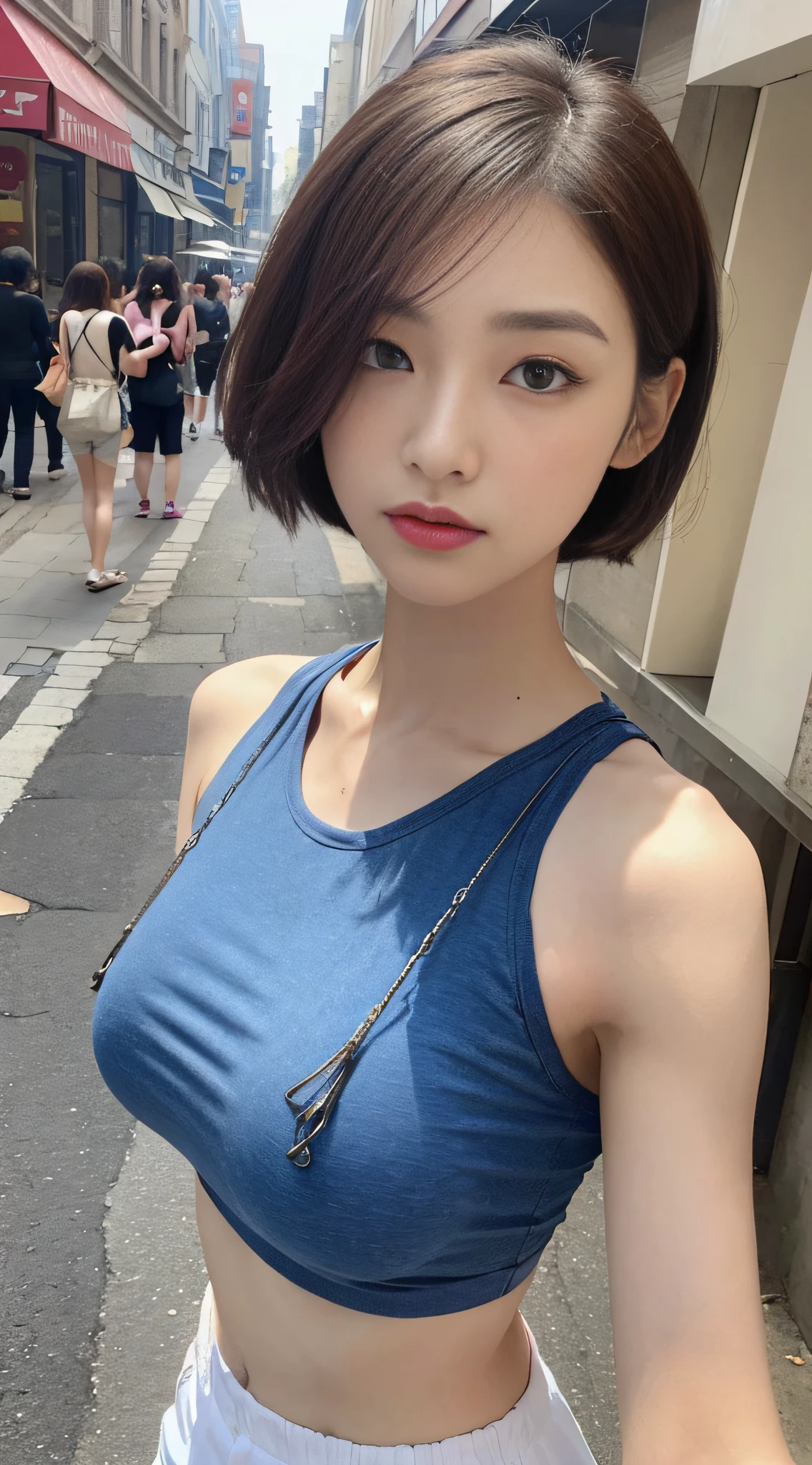 (Top Quality, 16K, Masterpiece: 1.3)), 1 Girl, Sharp Focus: 1.2, Beautiful Woman with Perfect Figure: 1.4, Slender Abs: 1.2, ((Short Bob Hair)), (No Leaky Big Breasts: 1.2), ((Beautiful Face Idol: 1.3)), ((Pink Sleeveless 1.5)), Highly Detailed Face and Skin Texture, Detailed Eyes, Double Eyelids, (((Suspend)), (Seductive)), Pedestrian Street, Modern Urban Architecture
