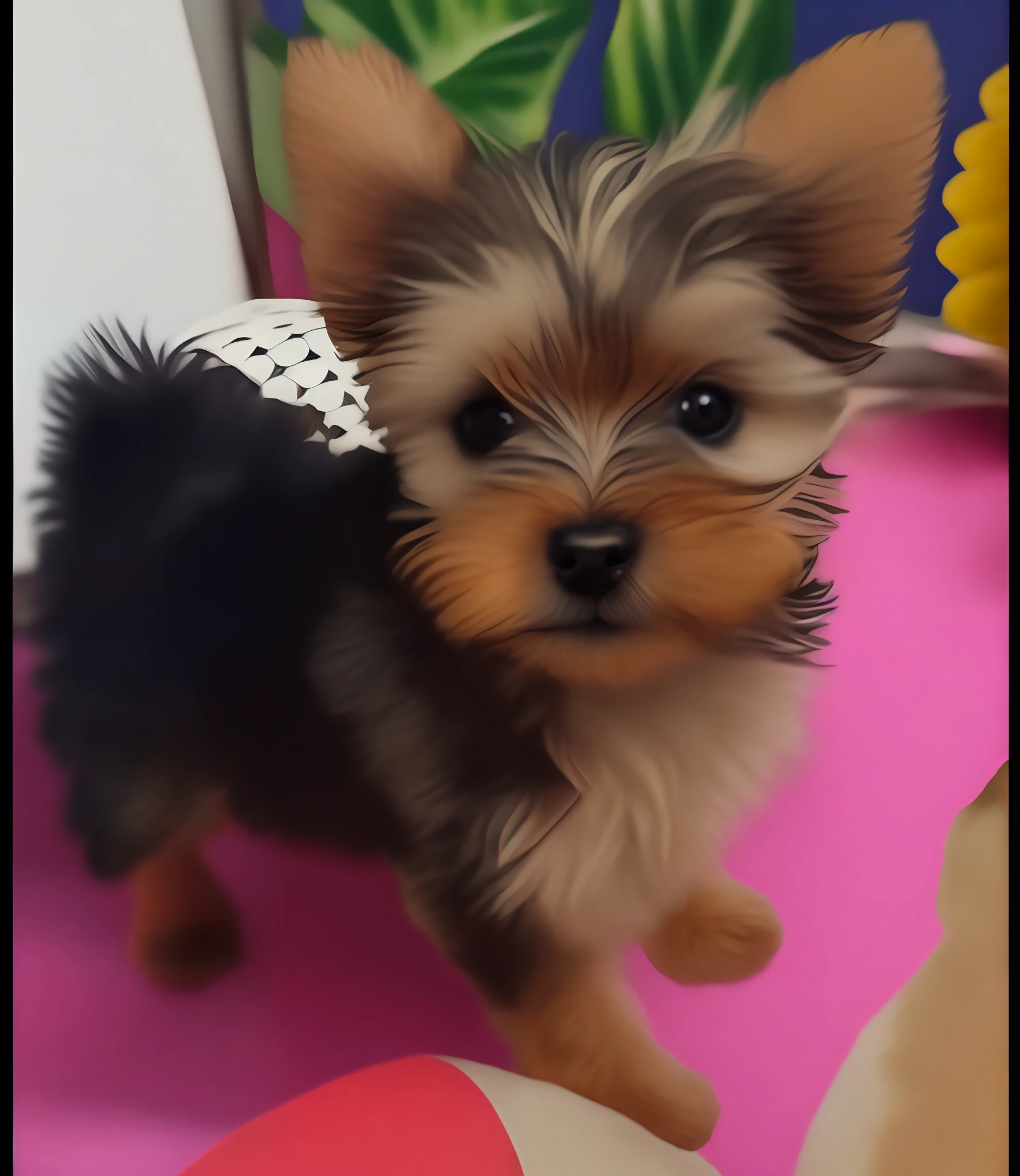 Very cute puppy puppy yorkishire tropicalpunk fluffy white, professional light, 8k depth of field, in golden magic hour, professional photography, octane rendering, hyper realistic - amazing sunlight, dynamic composition, photography, sharp focus, bokeh