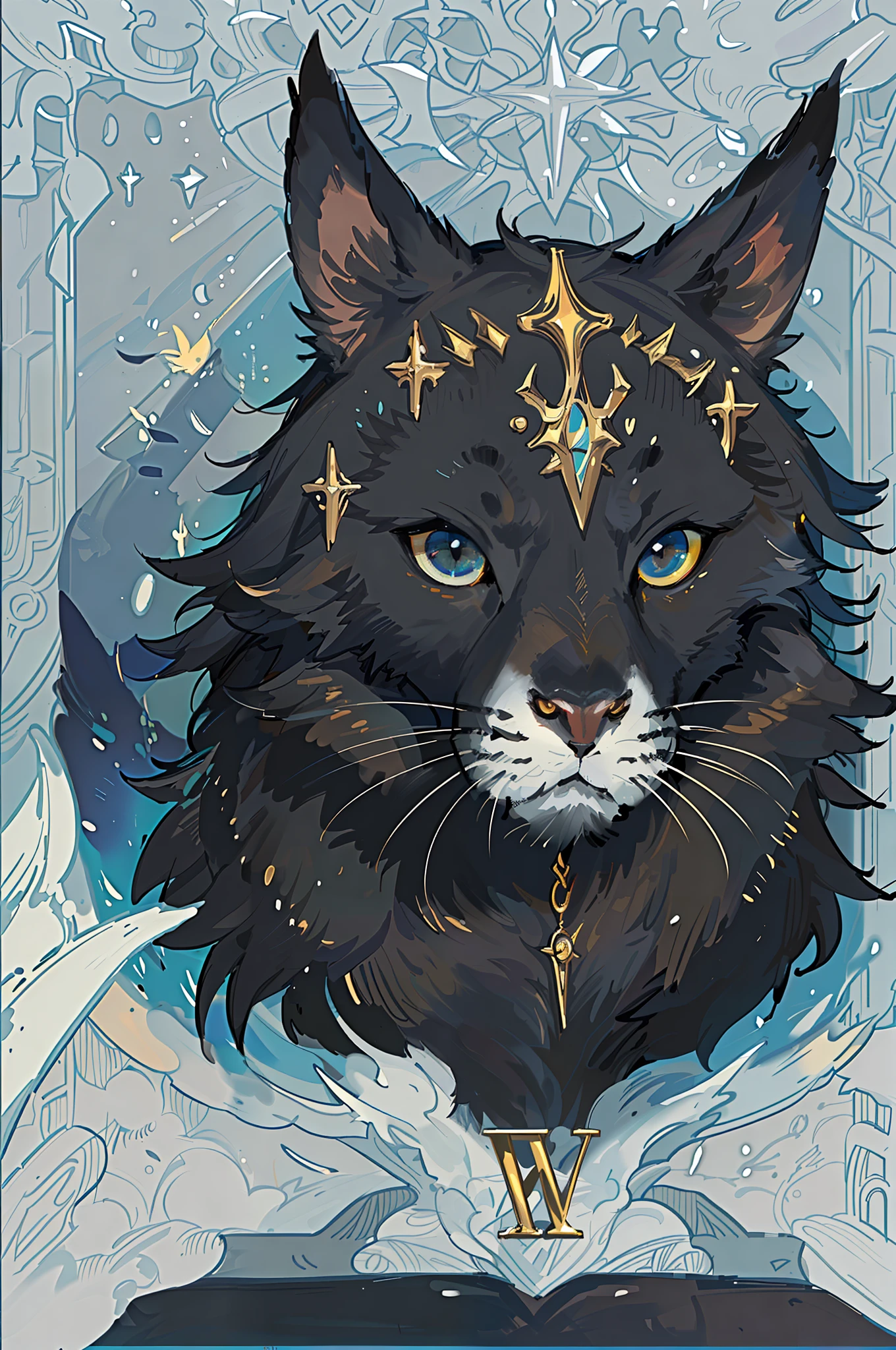 masterpiece, best quality, high quality, High definition, High quality texture, High quality shadow, A black phanter, fur, black phanter face, animal, high detailed art, majestic, stylized, tarot card cover, yellow eyes