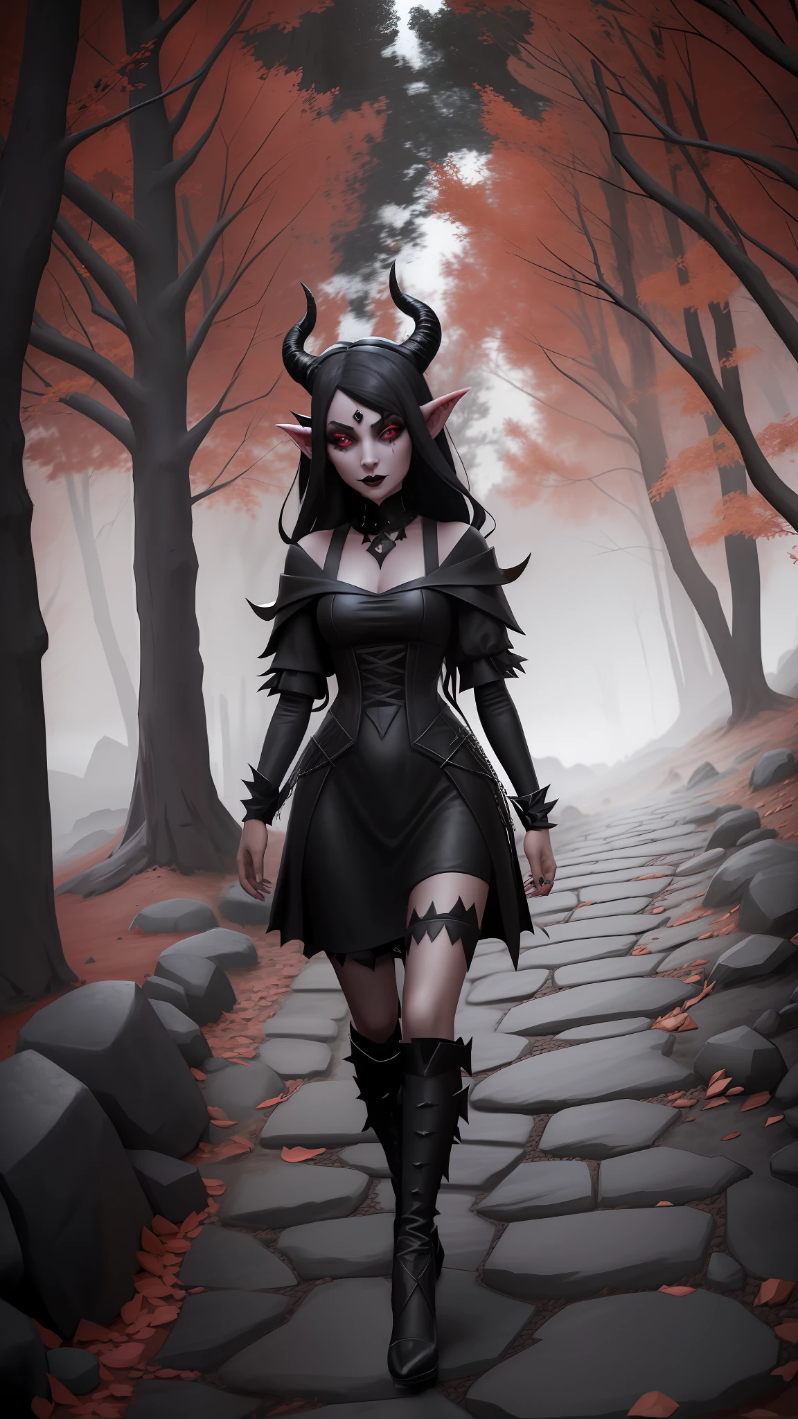 arafed woman in a black dress and devil horns walking down a stone walkway, with horns, tiefling, succubus | medieval, succubus in tight short dress, wearing a gothic dress, with black horns instead of ears, gothic outfit, wearing gothic accessories, wearing modern gothic clothes, witchy clothing, black horns, gothic clothing, dark gothic dress